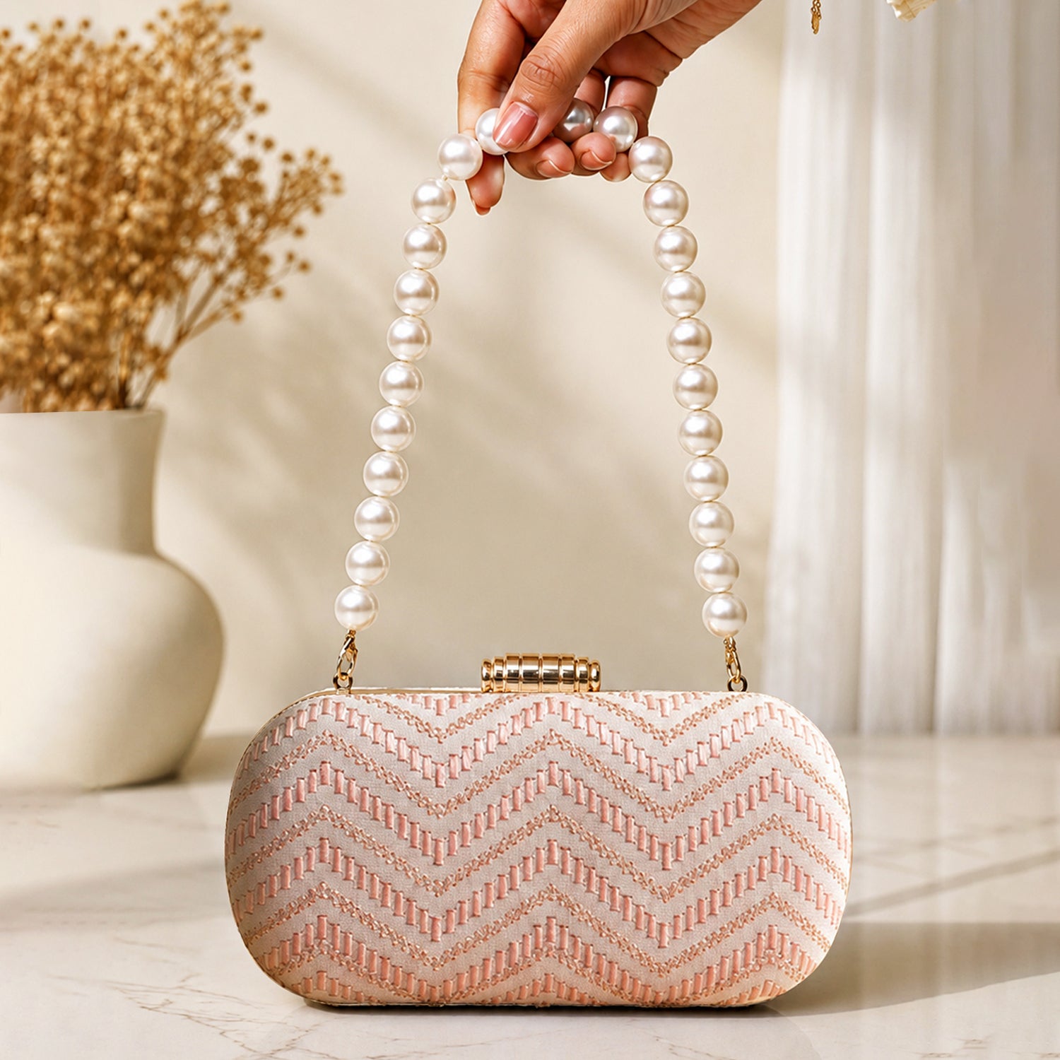 Artklim Soft Peach Chevron Pattern Festive Embroidery Clutch