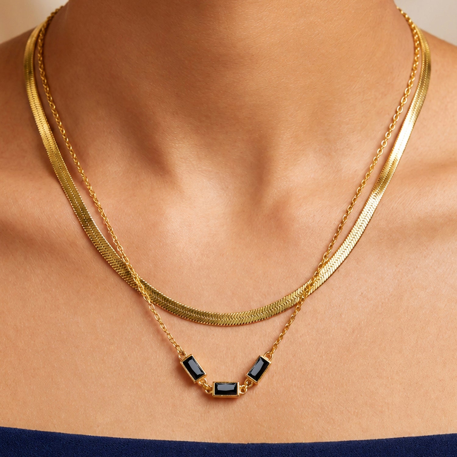 Artklim Black Rectangular Stone Layered Anti-Tarnish Pendant Necklace