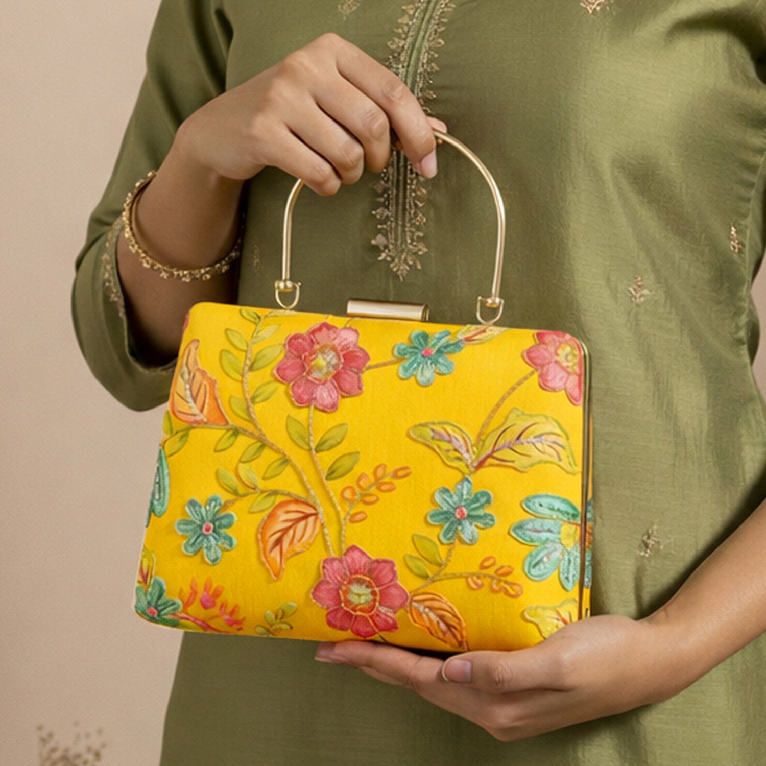 Artklim Mustard Yellow Floral Embroidered Clutch