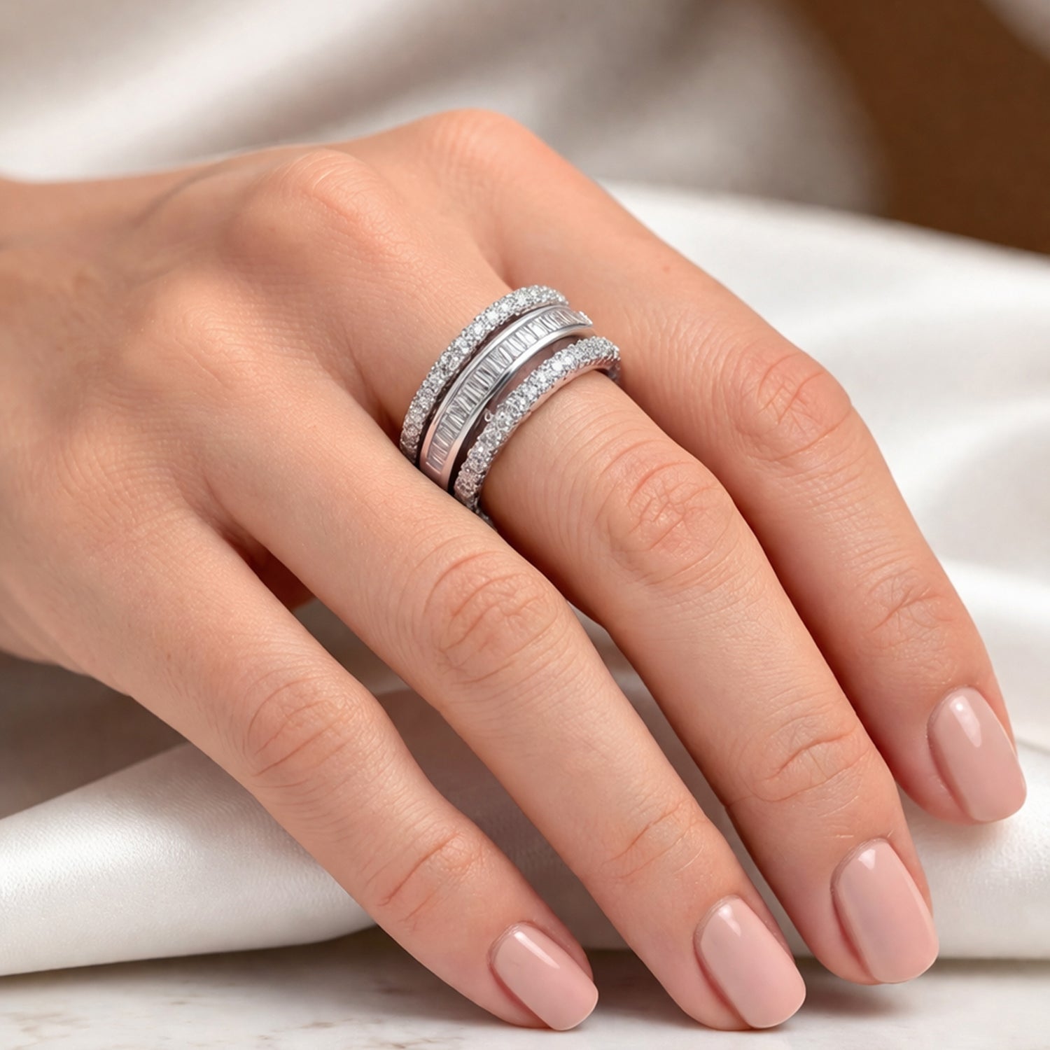 Artklim Sliver- Tone Classic Double Row Baguette Diamond Band Anti-Tarnish Ring