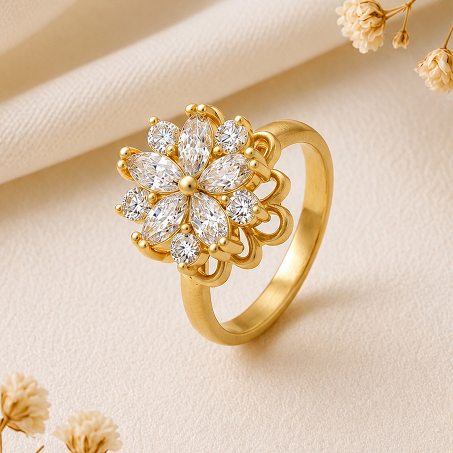 Artklim Gold Bloom Revolving Zircon Flower Adjustable Anti-Tarnish Copper Ring