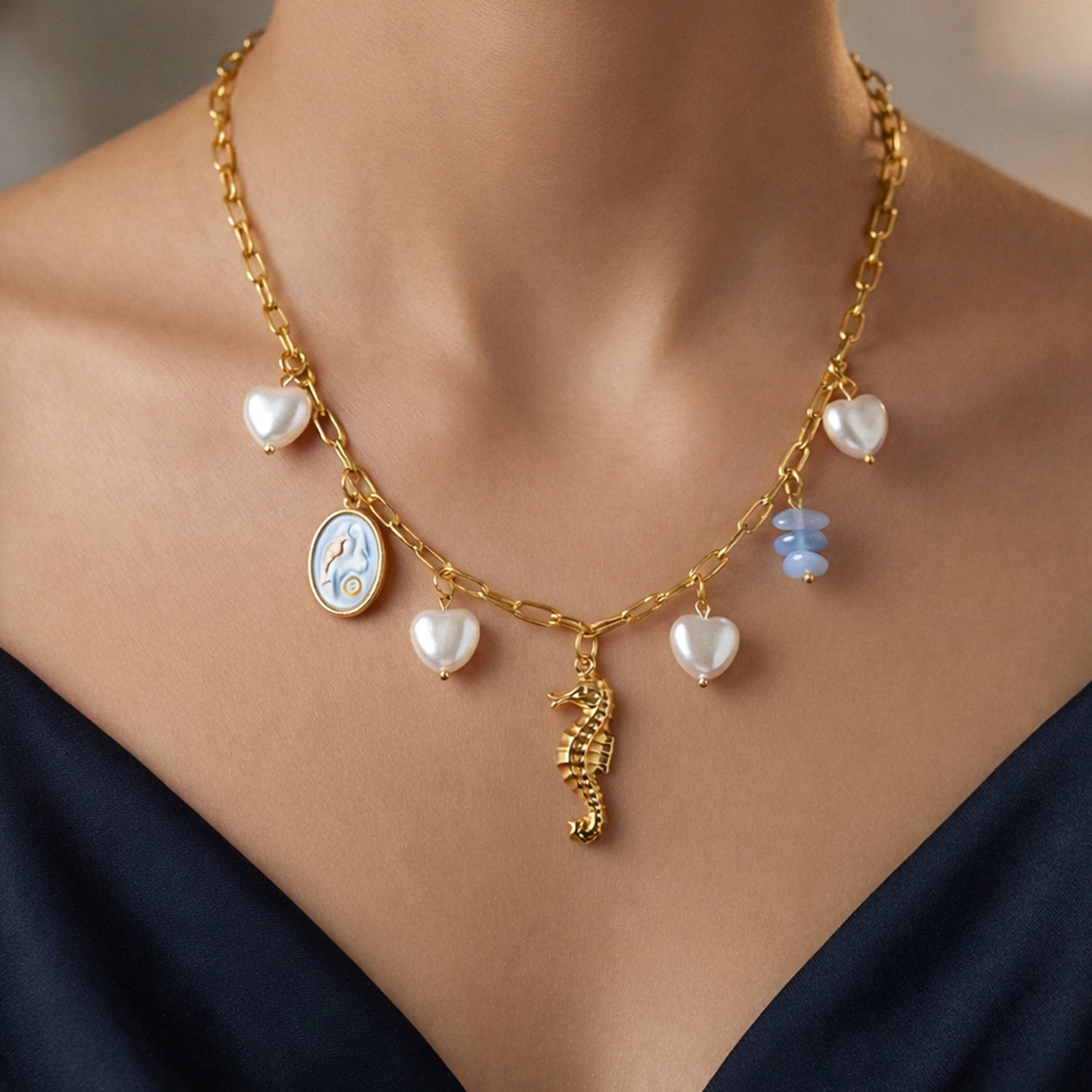 Artklim Gold-Plated Trendy Seahorse & Heart Charm Anti-Tarnish Necklace