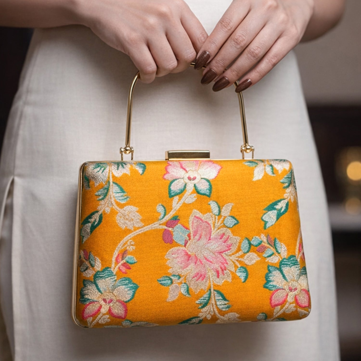 Artklim Yellow Based Pink Floral Printed Brocade Fabric Clutch
