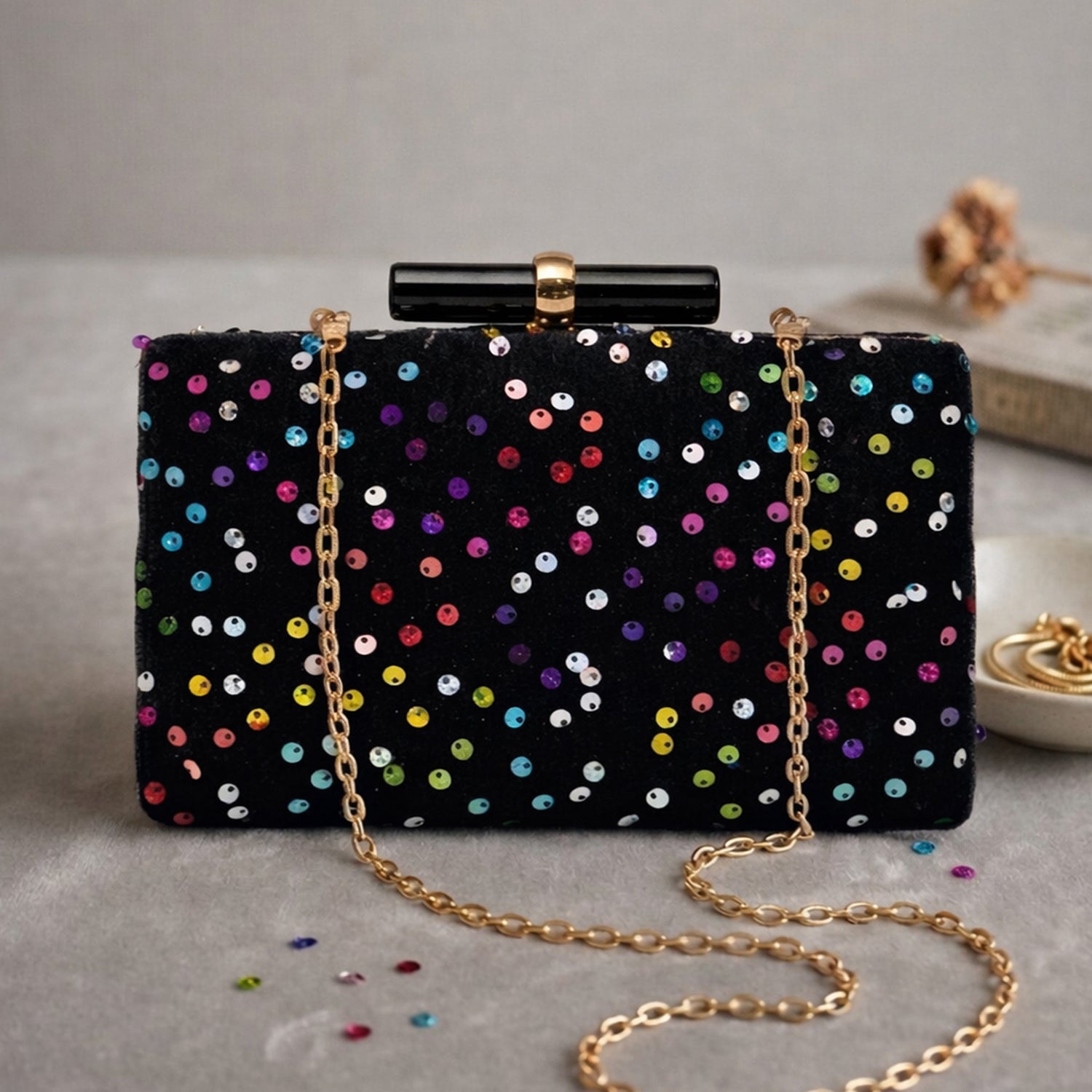 Artklim Chic Black Multicolor Sequin Embroidery clutch