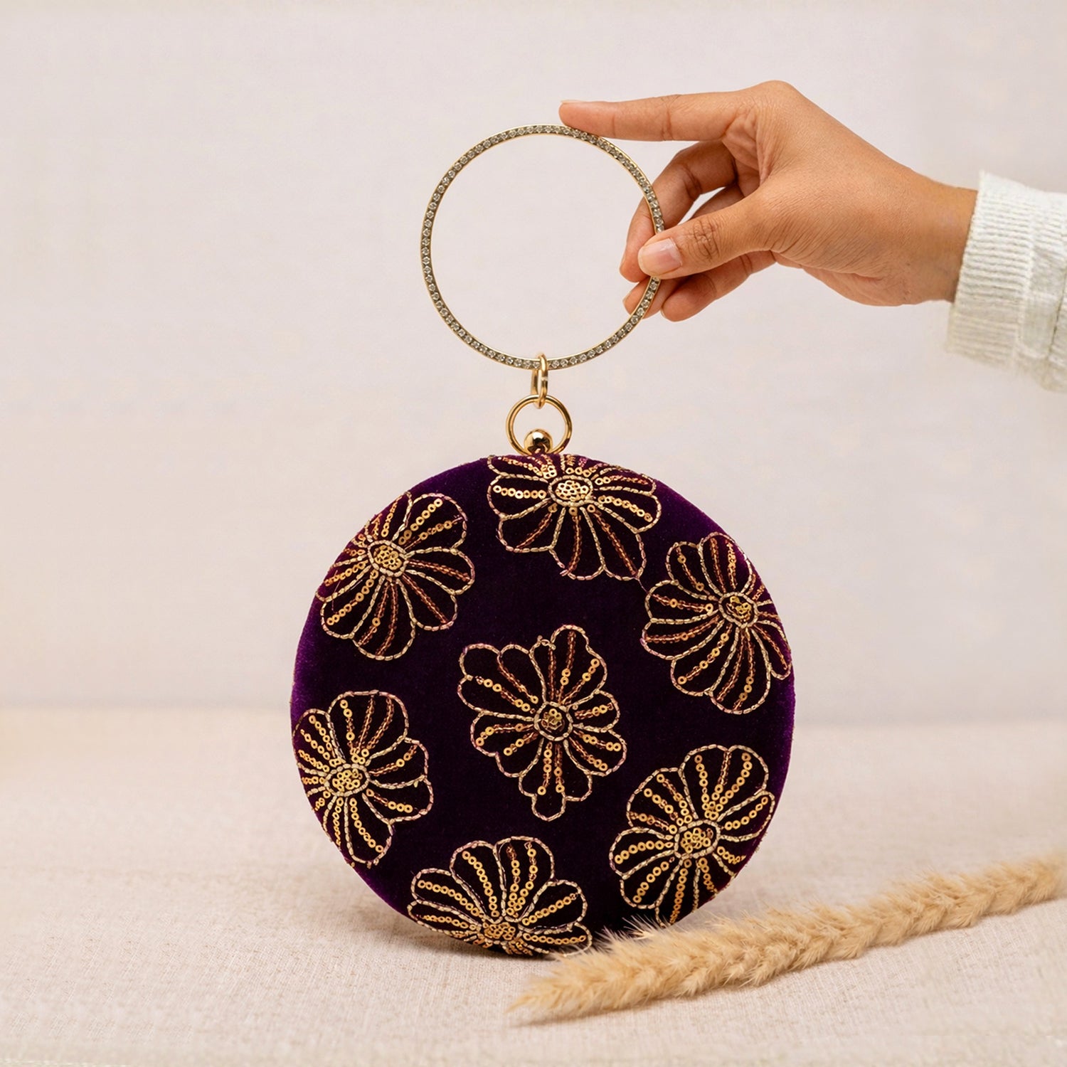 Artklim Regal Plum Velvet Floral Embroidery Clutch