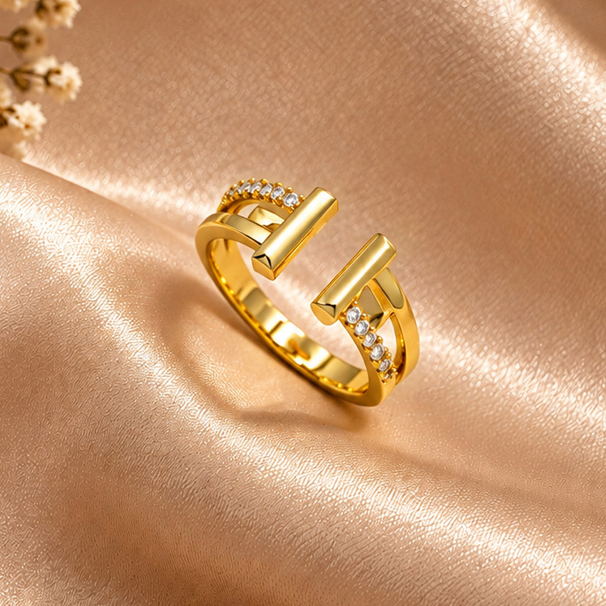 Artklim Minimalist T-Bar Crystal Gold-Tone Statement Anti-Tarnish Ring