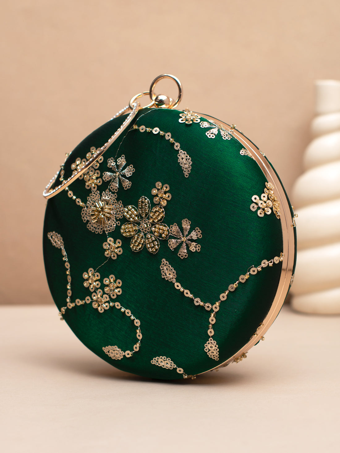 Artklim Green & Gold Embellished Round Clutch