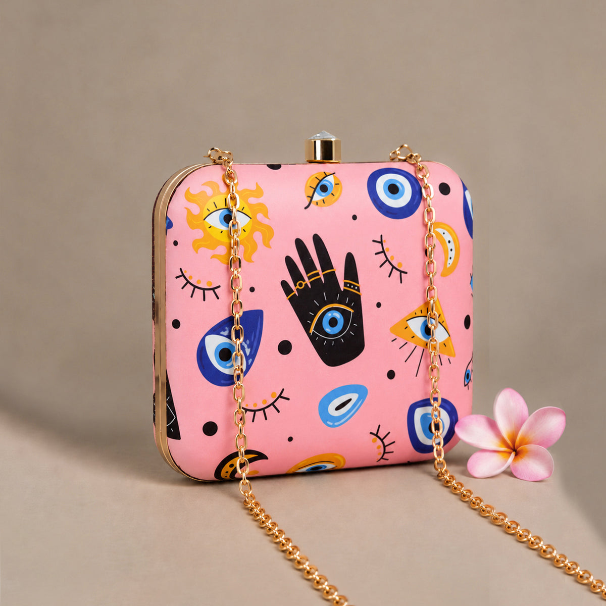 Artklim Pink Evil Eye Hand Pattern Printed Clutch