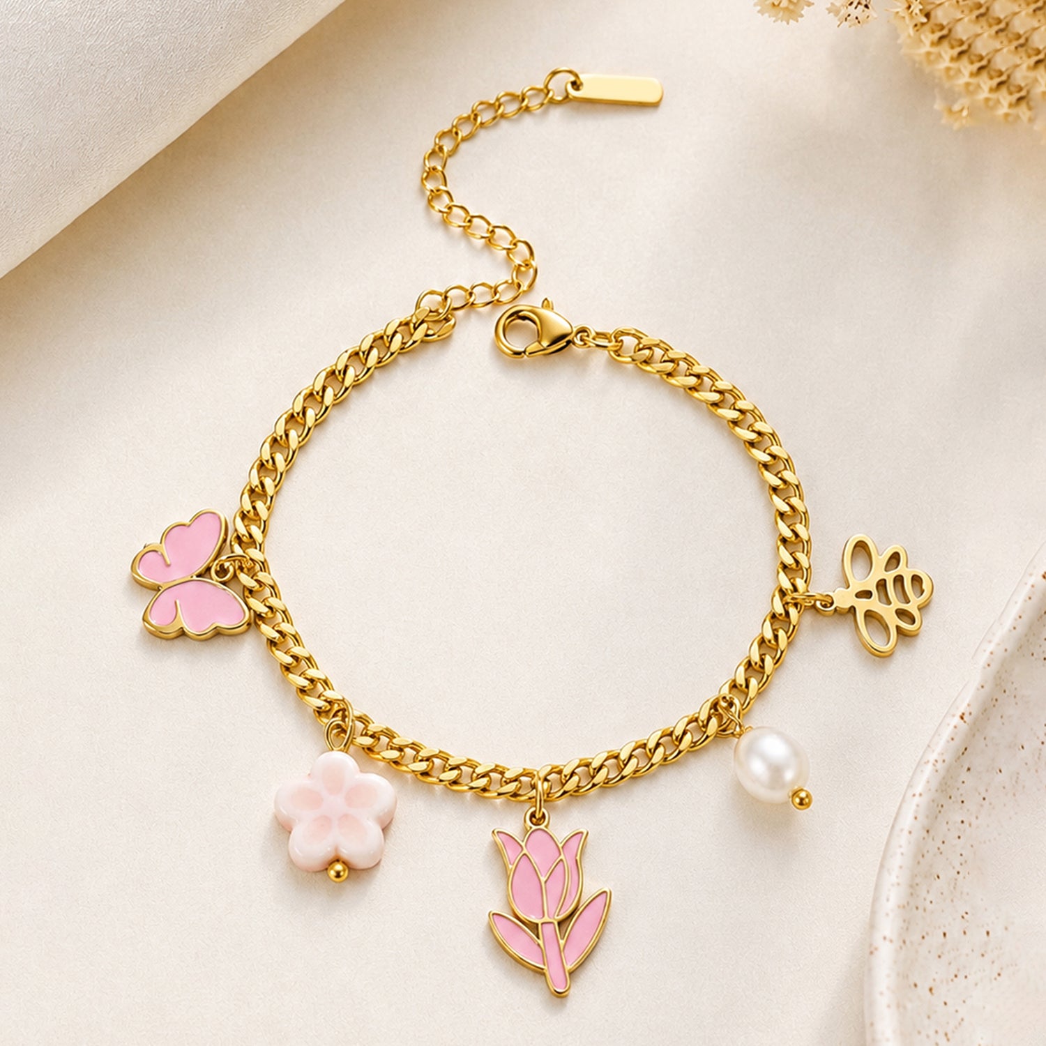 Artklim Pink Butterfly Bloom Charm Gold-Tone Anti-Tarnish Bracelet