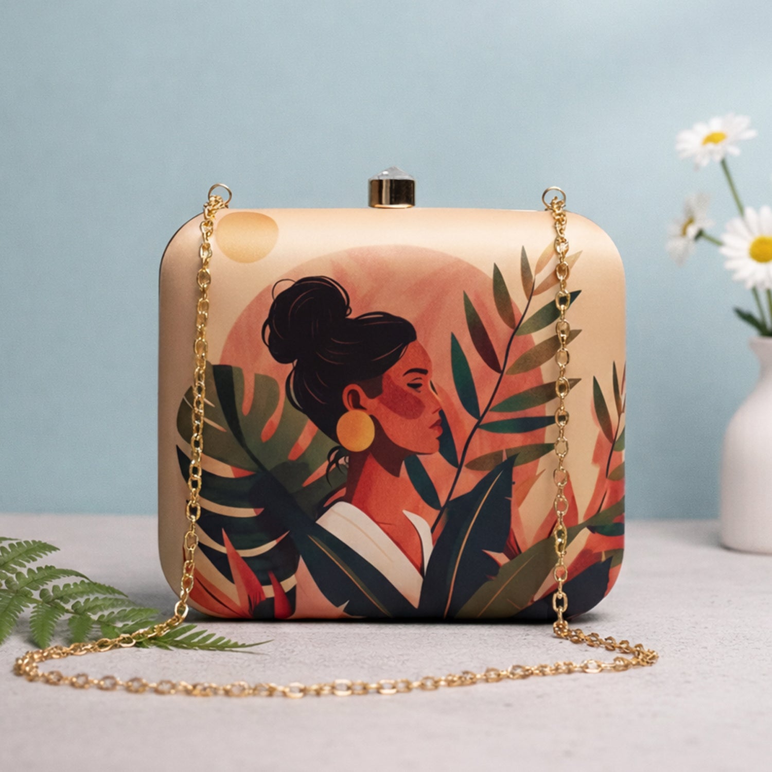 Beige Based Woman Portrait Printed Clutch