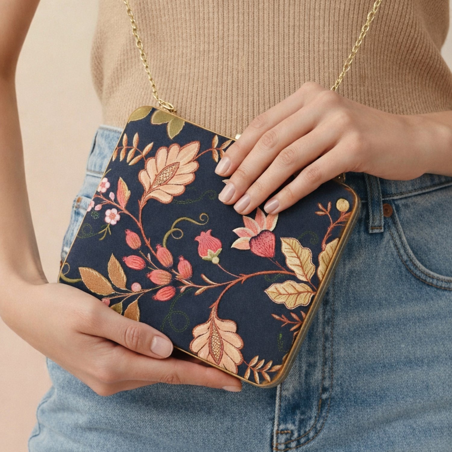 Peach Flower Printed MDF Clutch