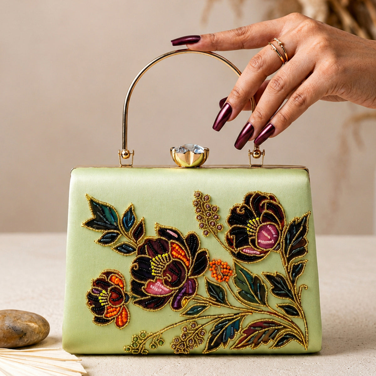 Artklim Green Floral Embroidered Designer Clutch
