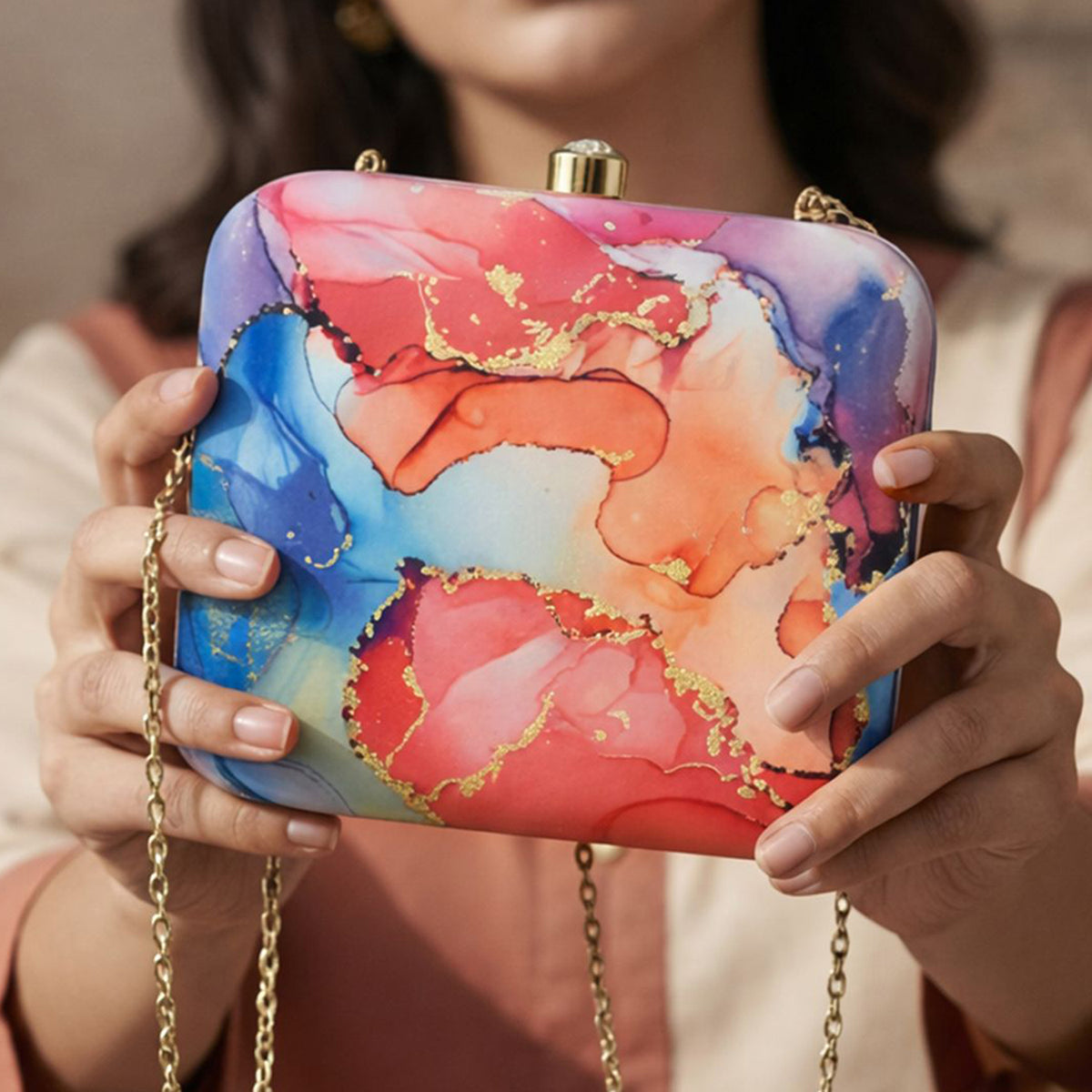 Artklim Abstract Marble Printed Designer Chain Clutch