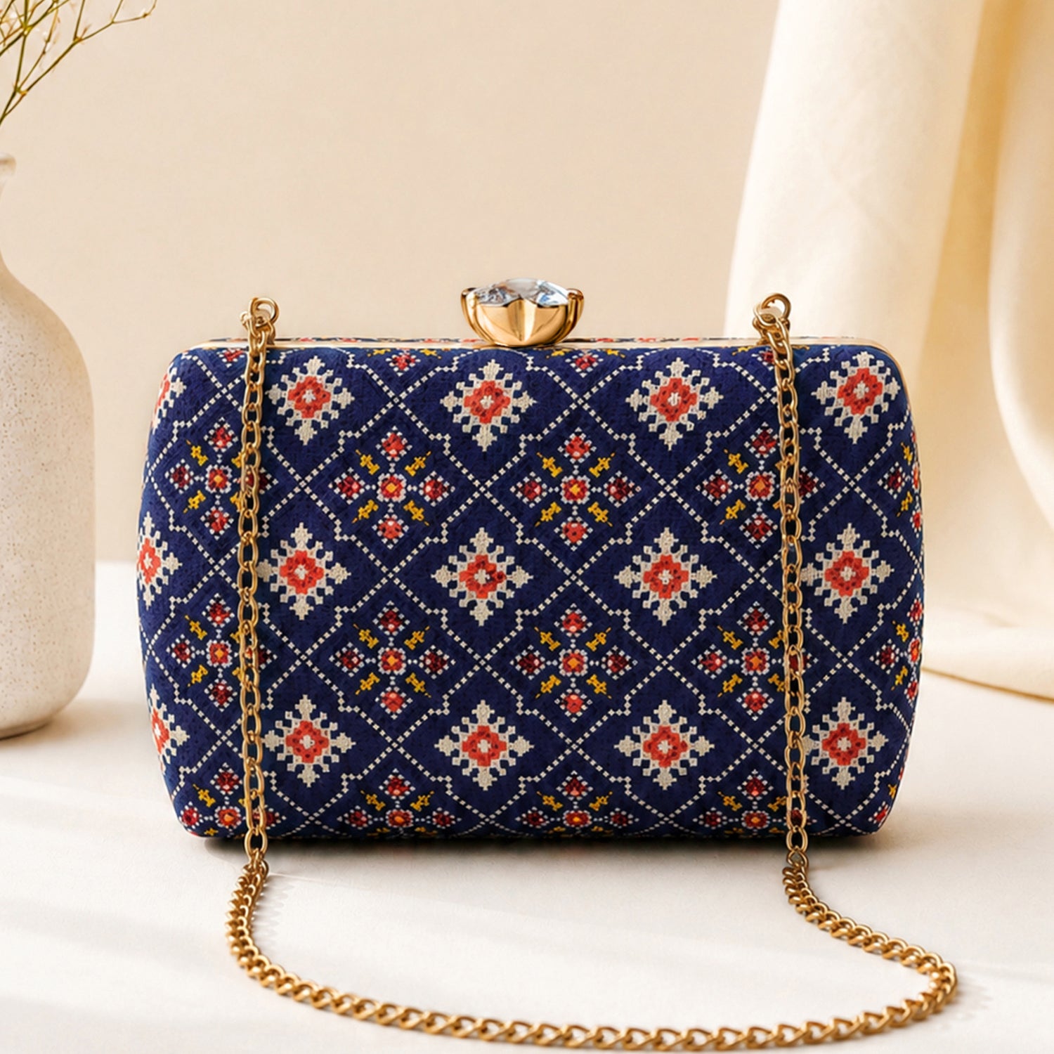 Artklim Royal Blue Ethnic Floral Pattern Chain Strap Printed Clutch