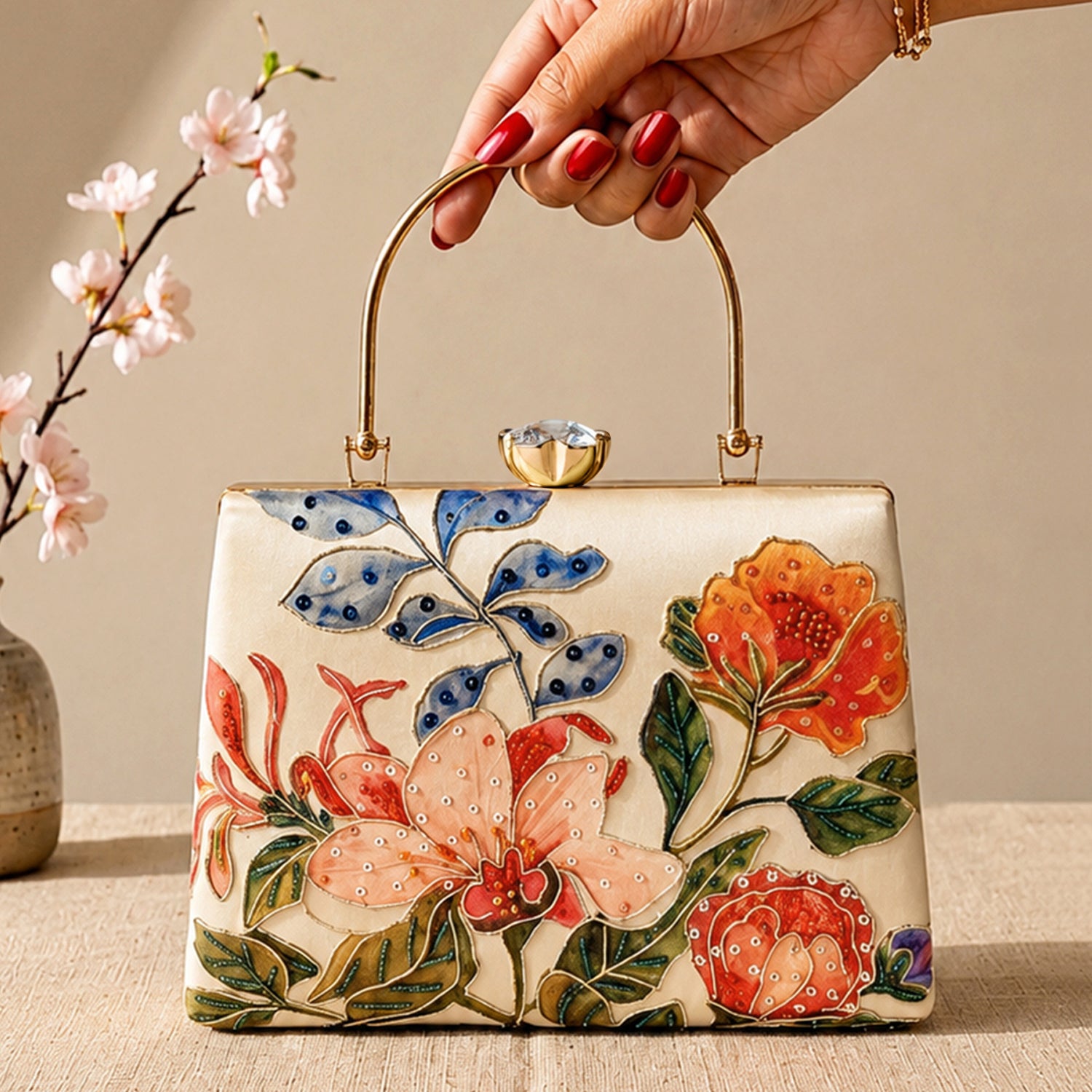 Artklim Printed Luxury Floral Art Clutch with Hand Embroidery