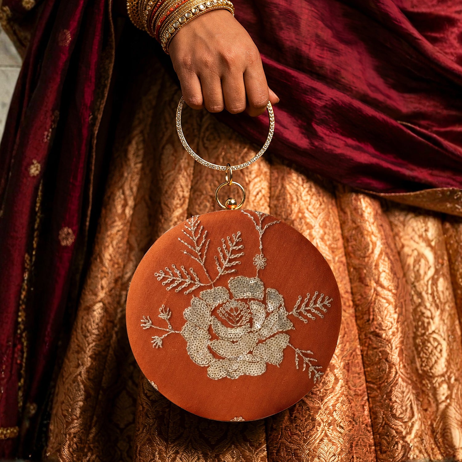 Artklim Burnt Orange Floral Embroidered Round Clutch