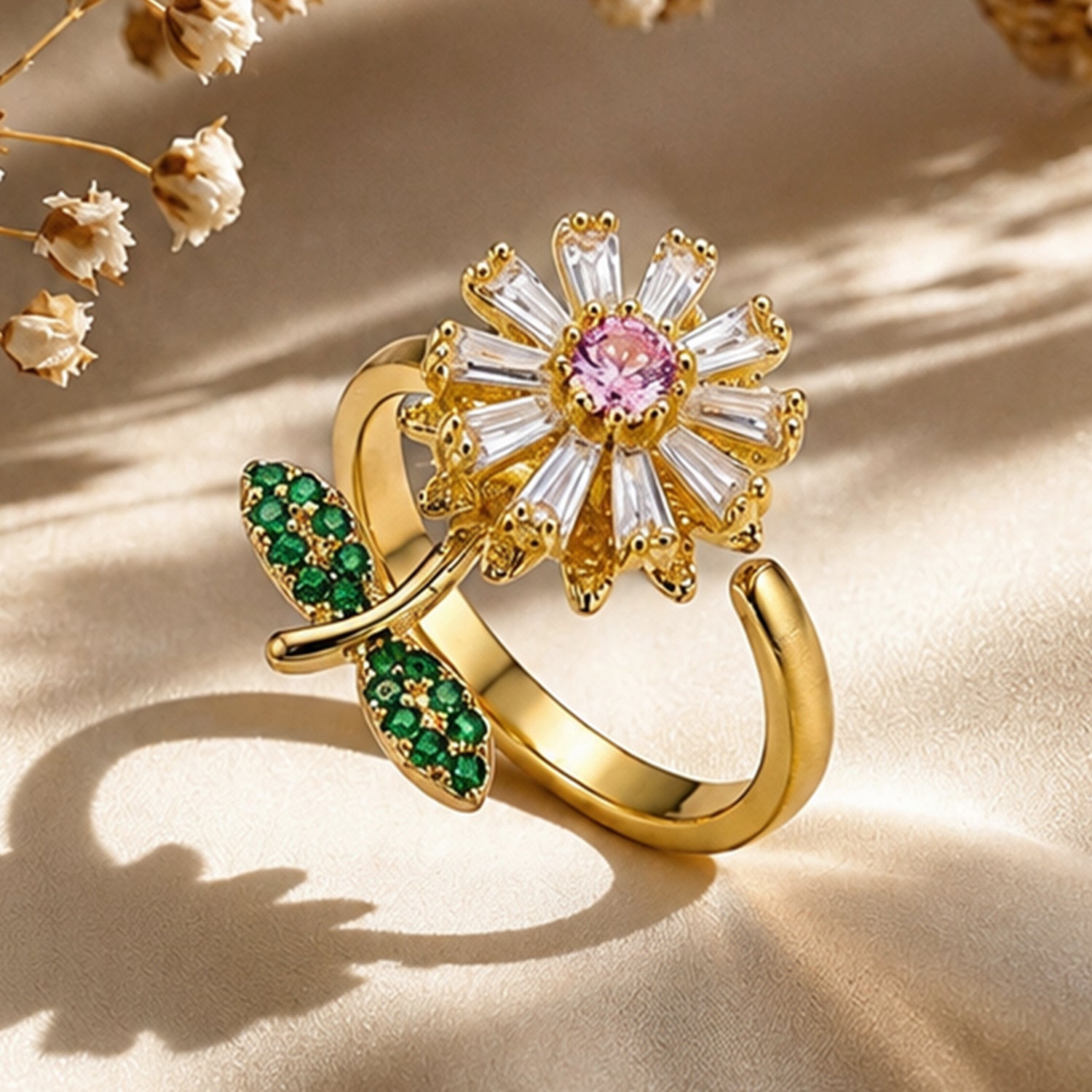 Artklim Pink Daisy Revolving Flower Crystal Adjustable Anti-Tarnish Copper Ring