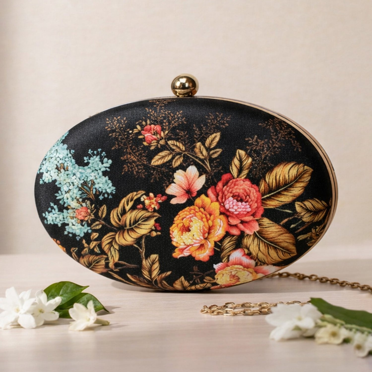 Yellow And Red Floral Printed Oval Clutch