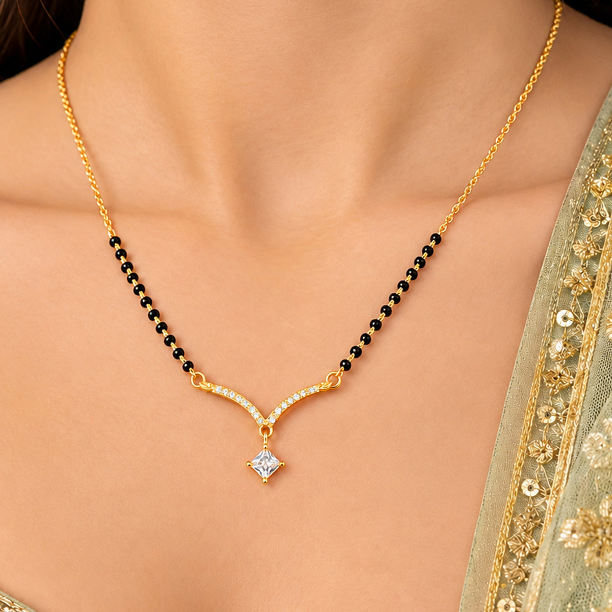 Artklim Elegant V-Shaped Solitaire CZ Pendant Gold-Plated Mangalsutra with Black Beads
