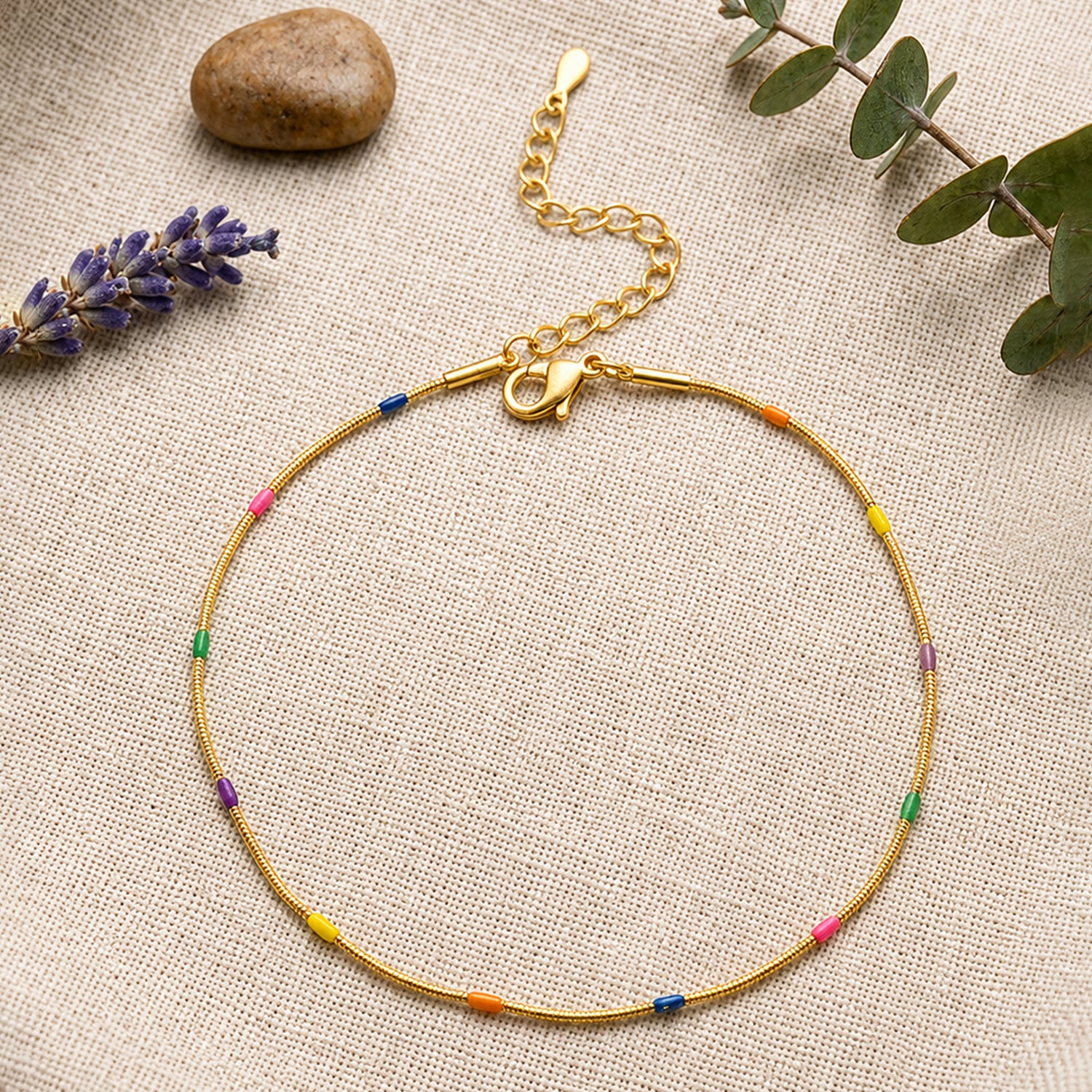 Artklim Rainbow Beaded Gold Chain Minimalist Anti-Tarnish Anklet