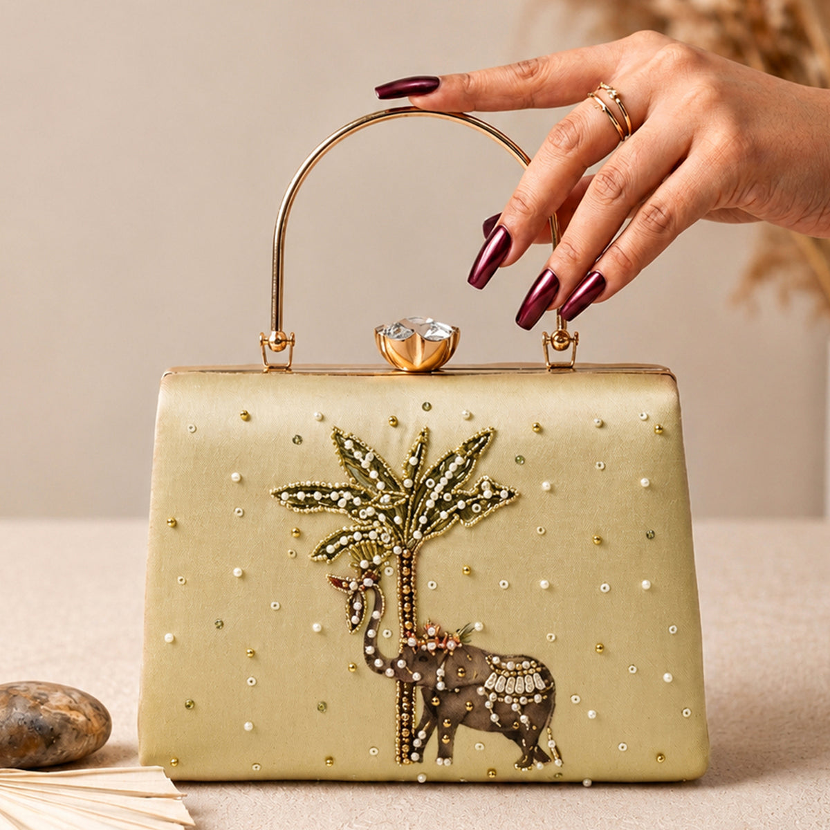 Artklim Majestic Elephant Palm Embellished Clutch
