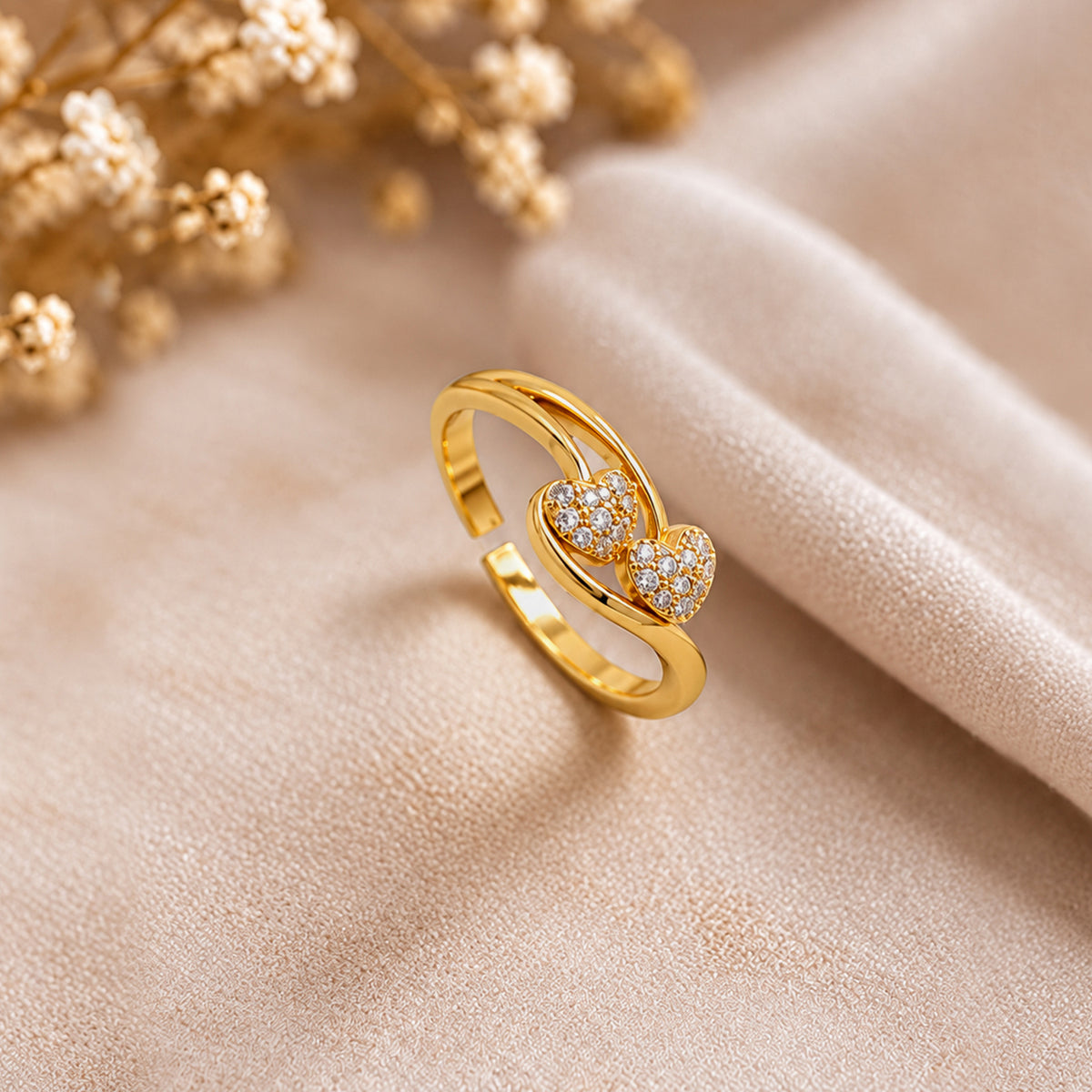 Artklim Chic Twin Heart Sparkle Gold-Tone Anti-Tarnish Ring