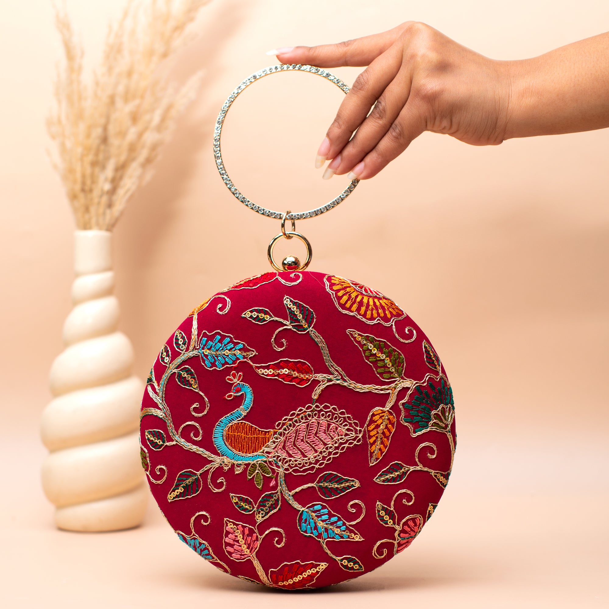 Artklim Crimson Peacock Majesty Embroidery Clutch