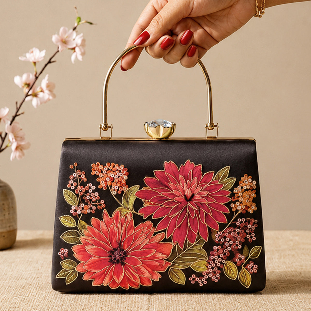 Artklim Printed Midnight Bloom Floral Clutch with Hand Embroidery