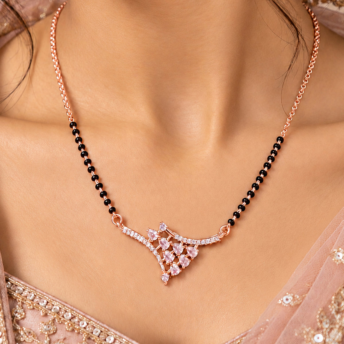 Artklim Elegant Rose Gold-Plated Geometric Pendant Mangalsutra with Black Beads for Women