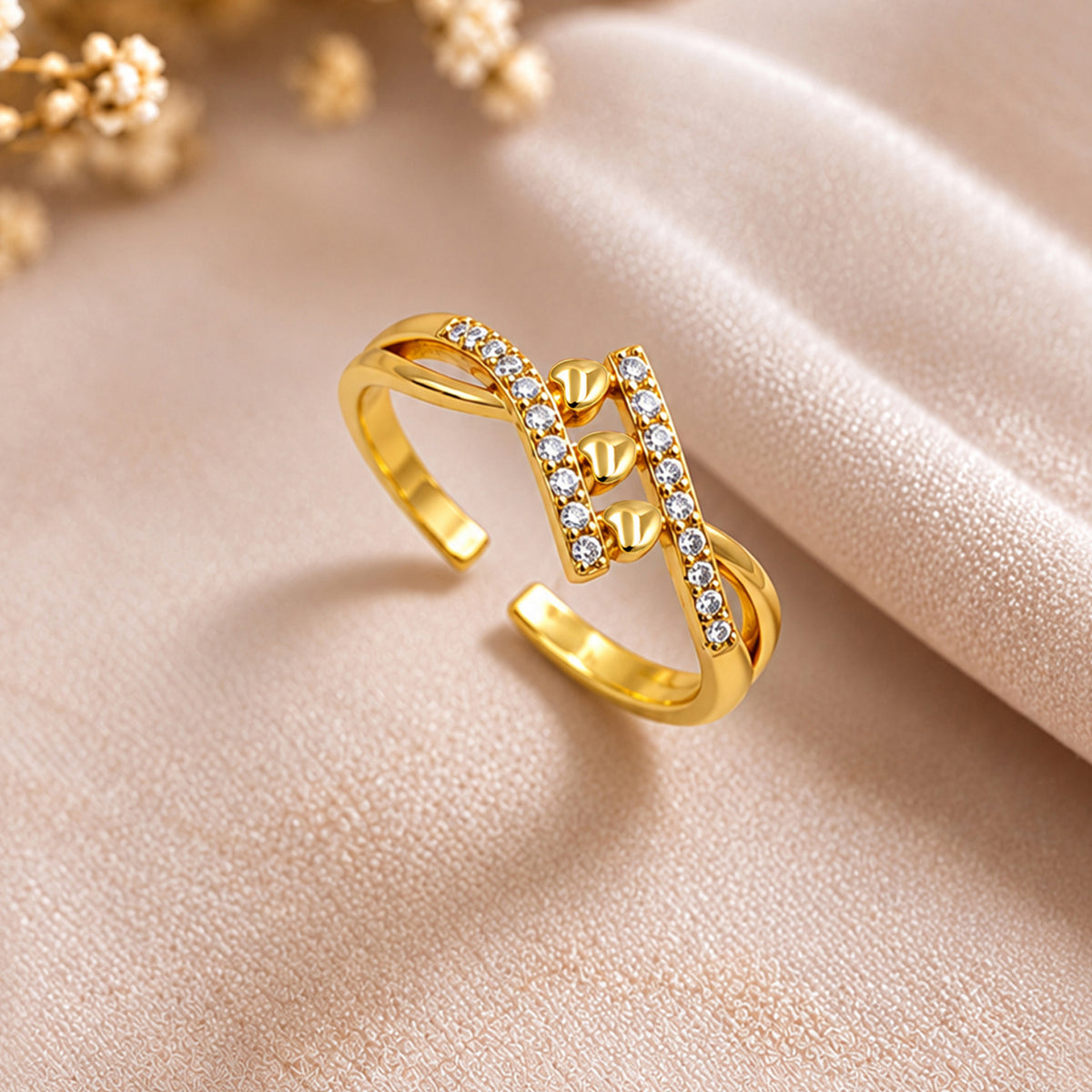 Artklim Luxe Triple-Bead Crystal Gold-Tone Anti-Tarnish Ring