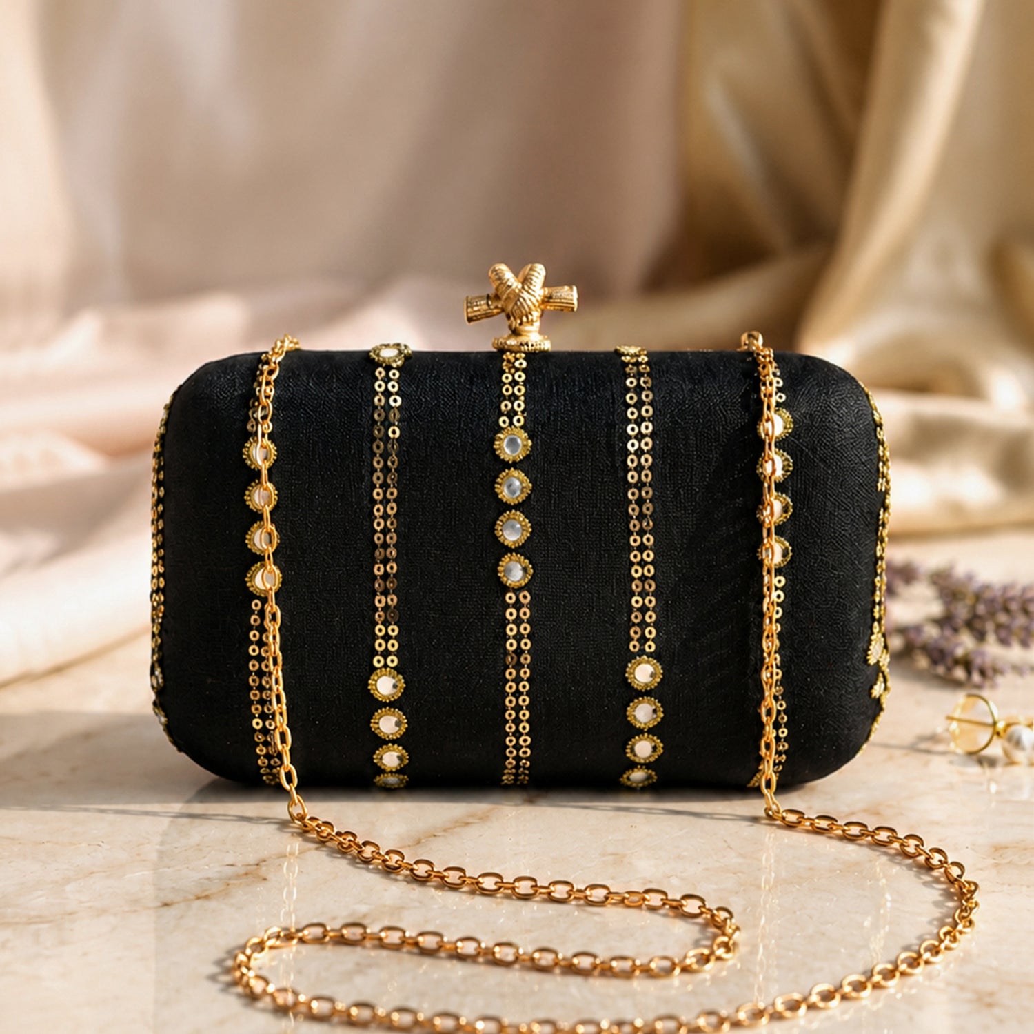 Artklim Elegant Black Embellished Embroidered Clutch Bag