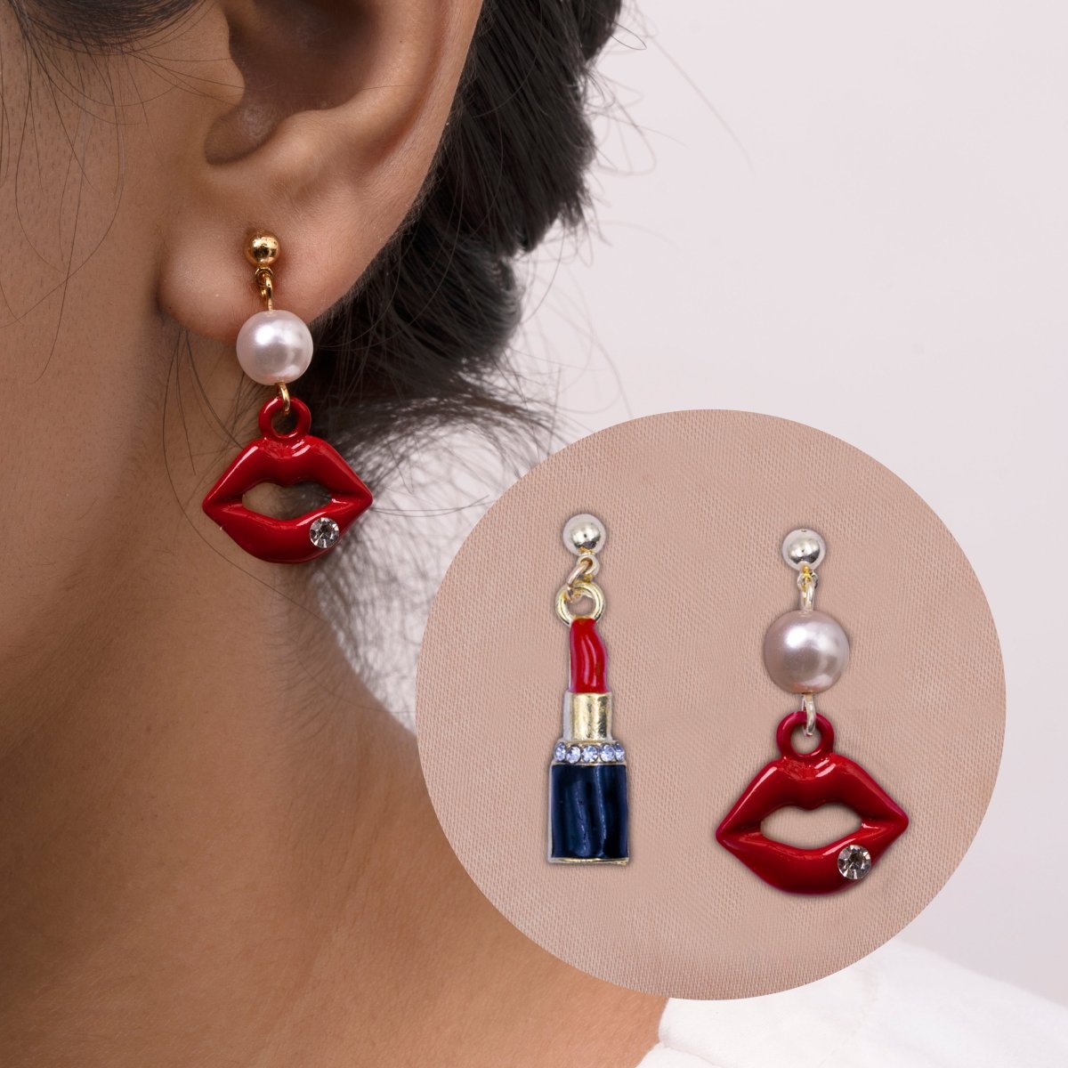 Artklim Lipstick And Lips Mismatched Drop Earrings