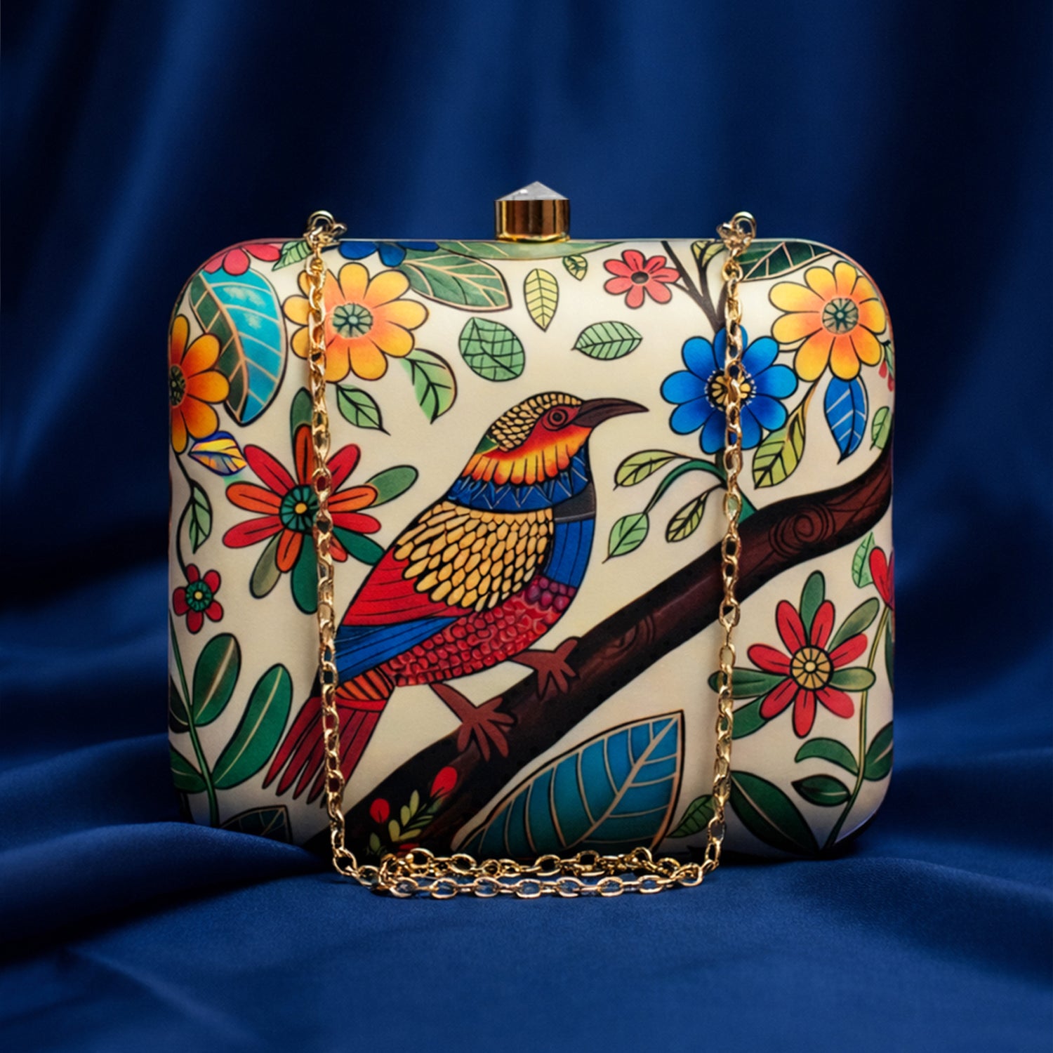 Beige Flower And Bird Printed Clutch