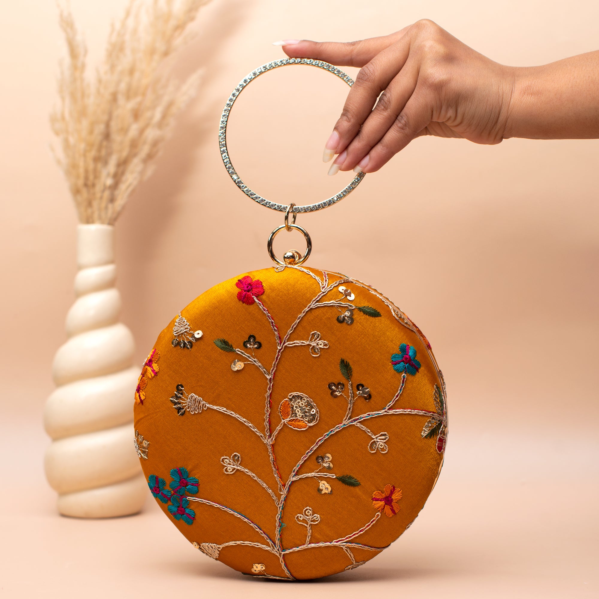 Artklim Mustard Multi-Color Embroidered Clutch