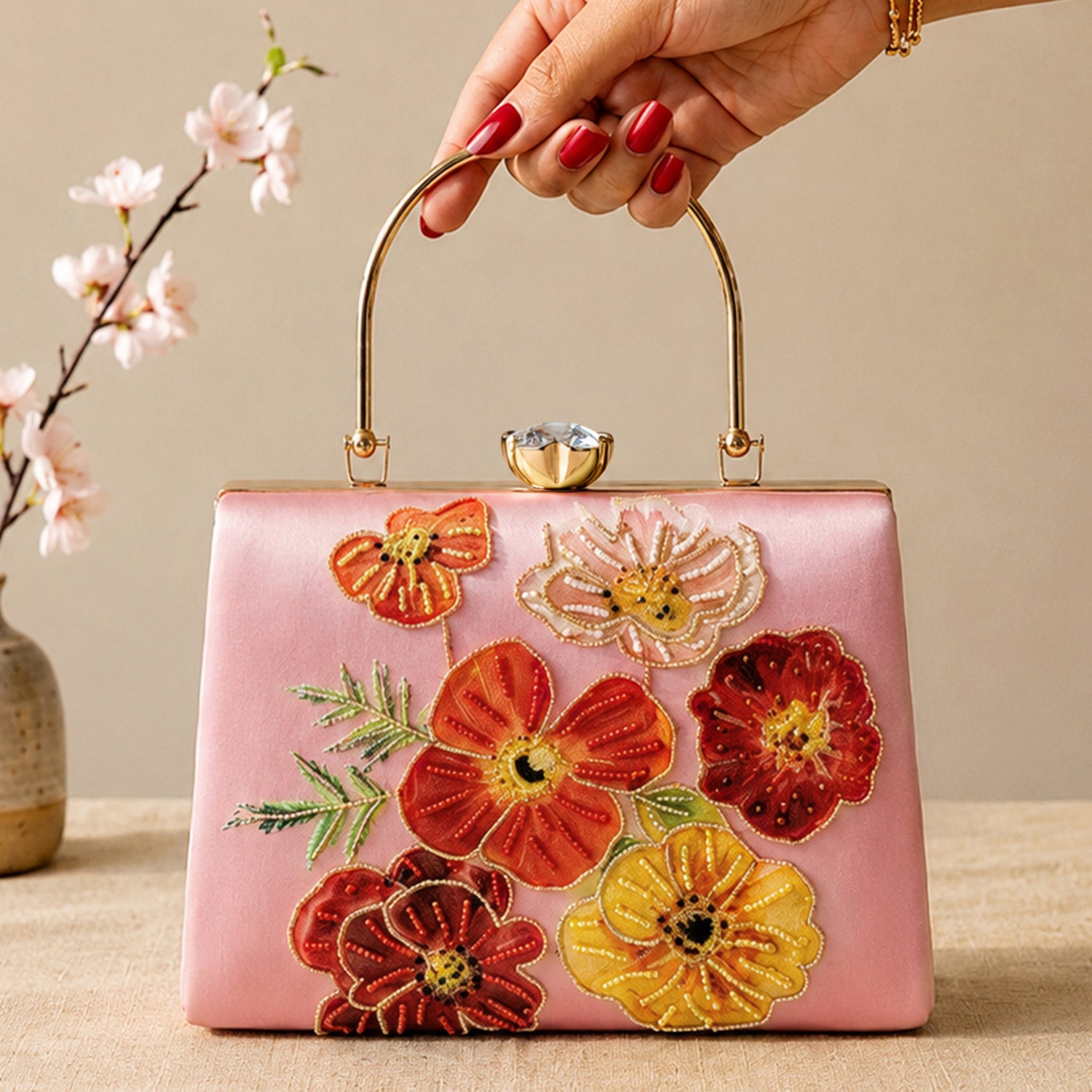 Artklim Printed Blossom Elegance Floral Clutch with Hand Embroidery