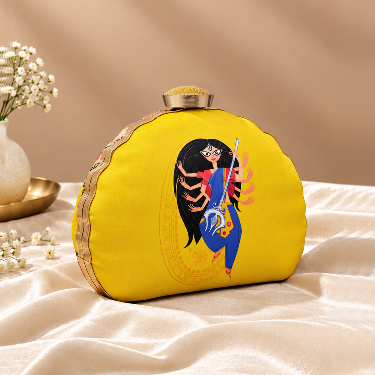 Artklim Traditional Goddess Durga Yellow Chain Printed Clutch