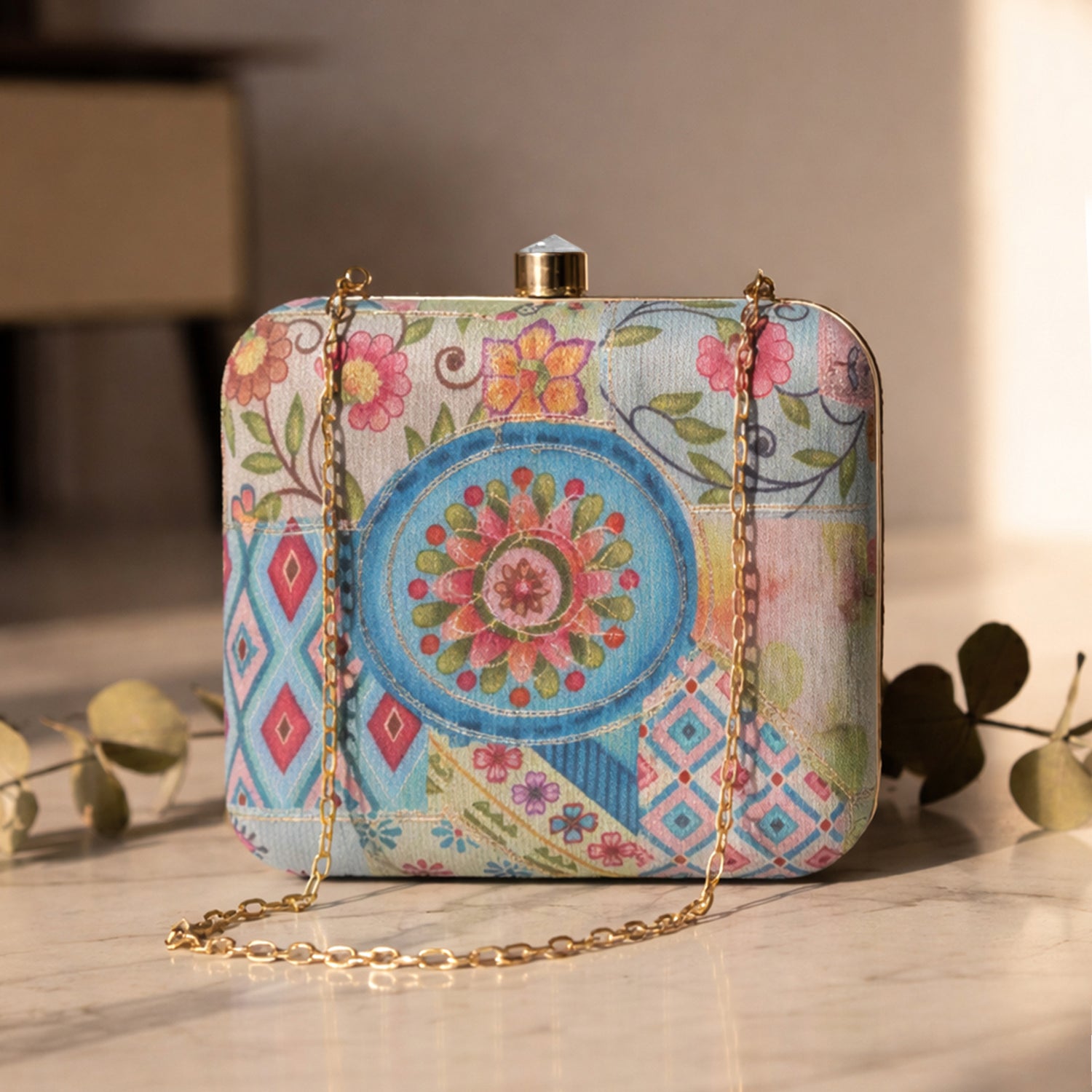 Artklim Women’s Blue Ethnic Patchwork Floral Box Embroidred Clutch
