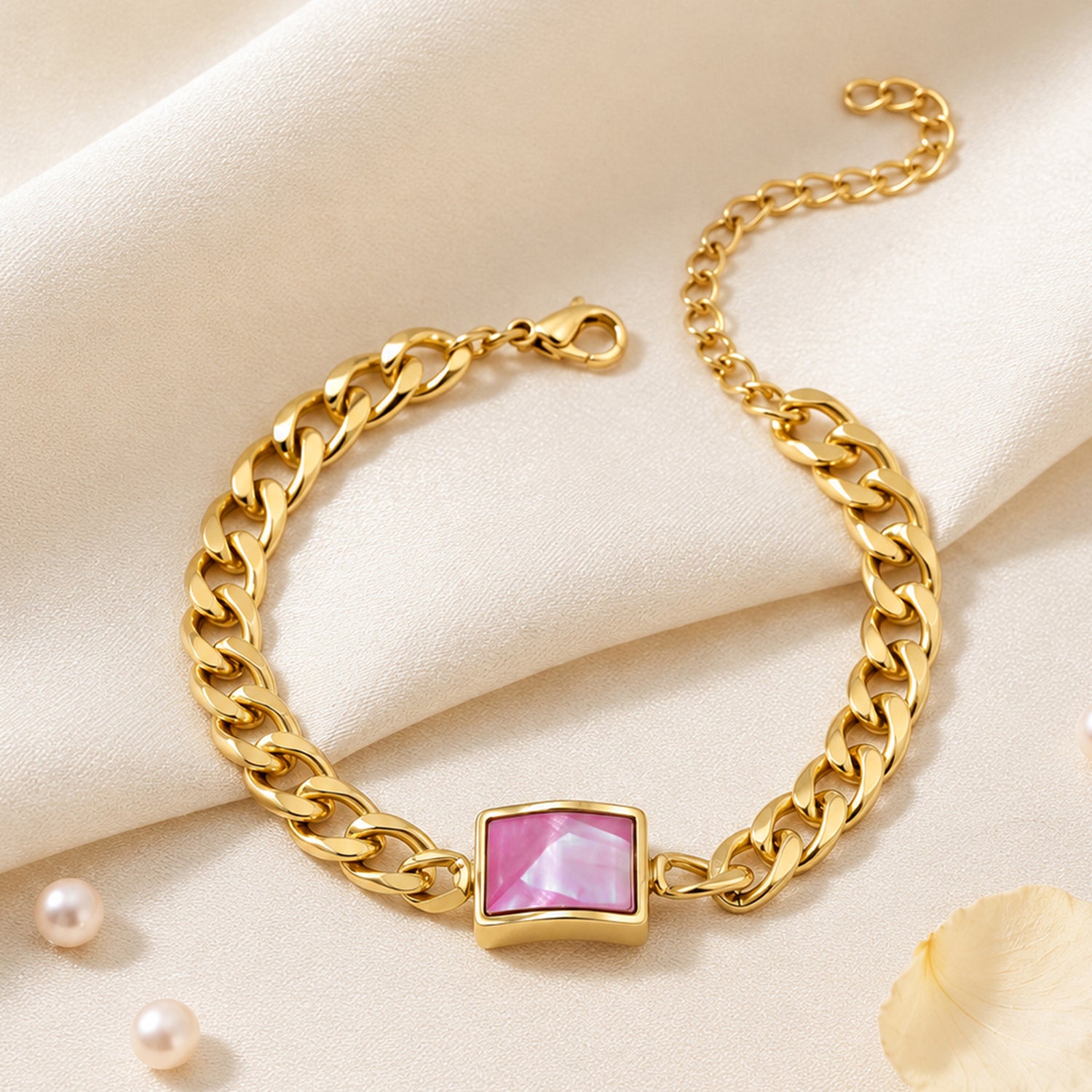 Artklim Pink Mother of Pearl Rectangle Gold Bracelet Anti-Tarnish Bracelet