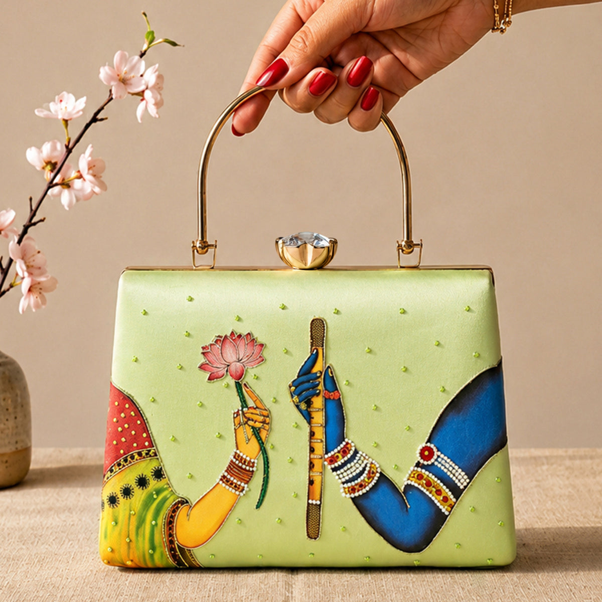 Artklim Printed Divine Harmony Radha Krishna Clutch with Hand Embroidery