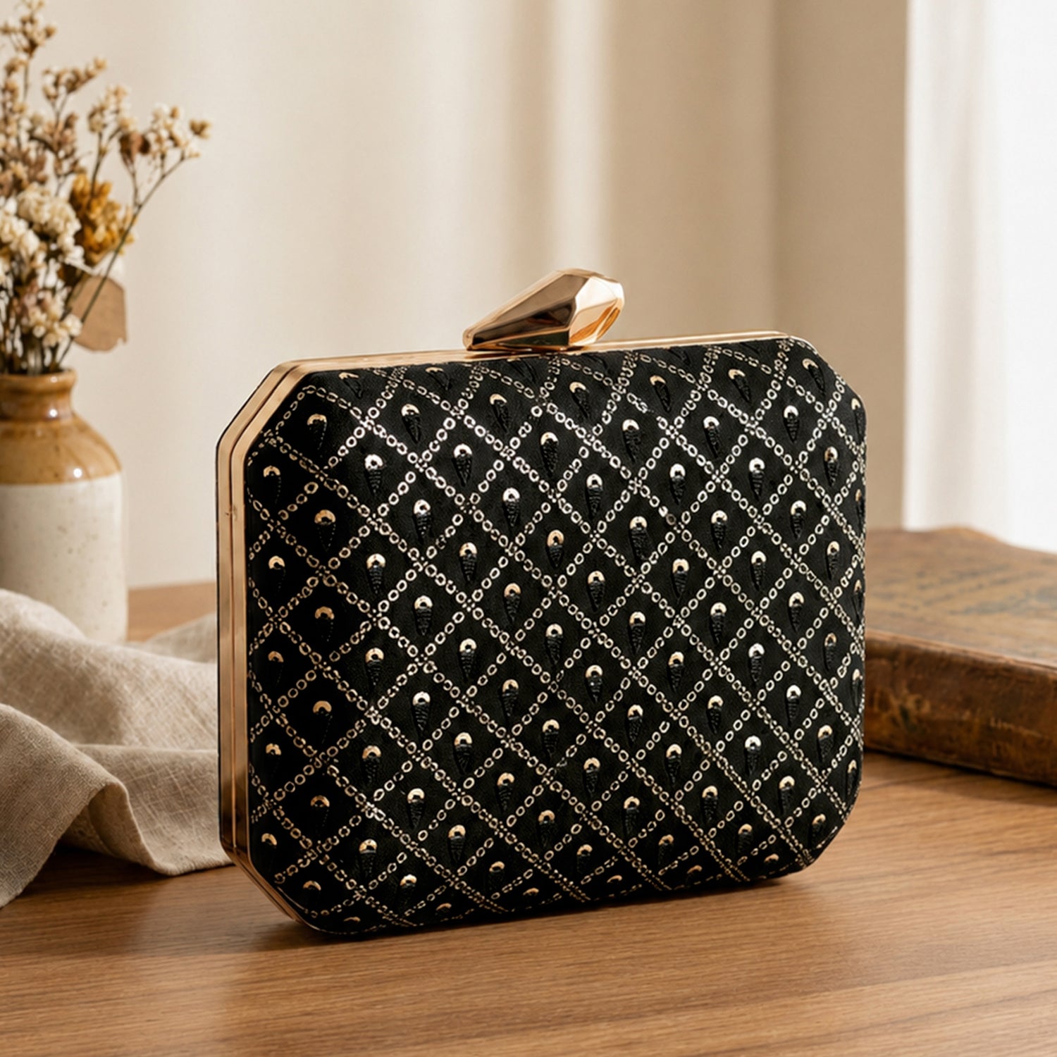 Artklim Black Geometric Embellished Clutch