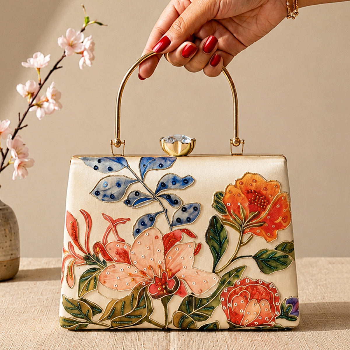 Artklim Printed Luxury Floral Art Clutch with Hand Embroidery