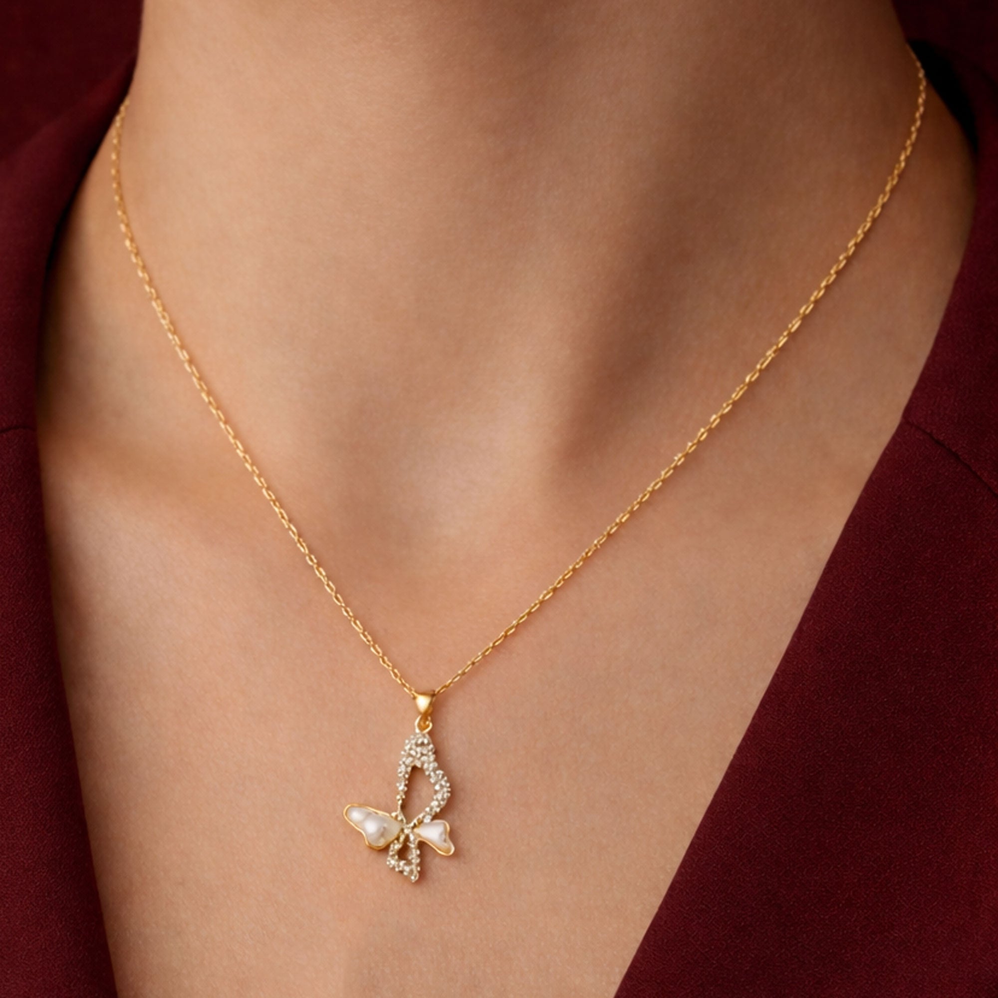 Artklim Gold-Plated Elegant Pearl Finish Butterfly Crystal Anti-Tarnish Pendant Necklace