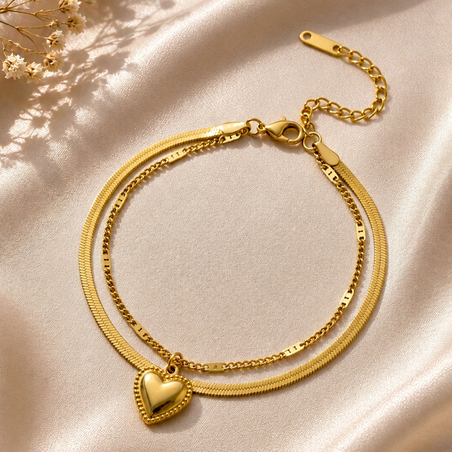 Artklim Gold Heart Charm Double Chain Anti-Tarnish Anklet