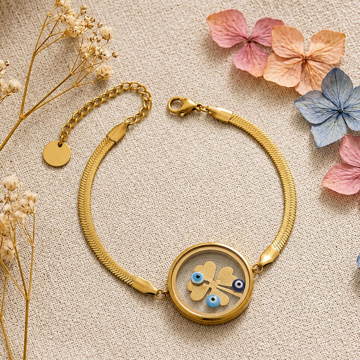 Artklim Gold Plated Evil Eye Clover Charm Anti-Tarnish Bracelet