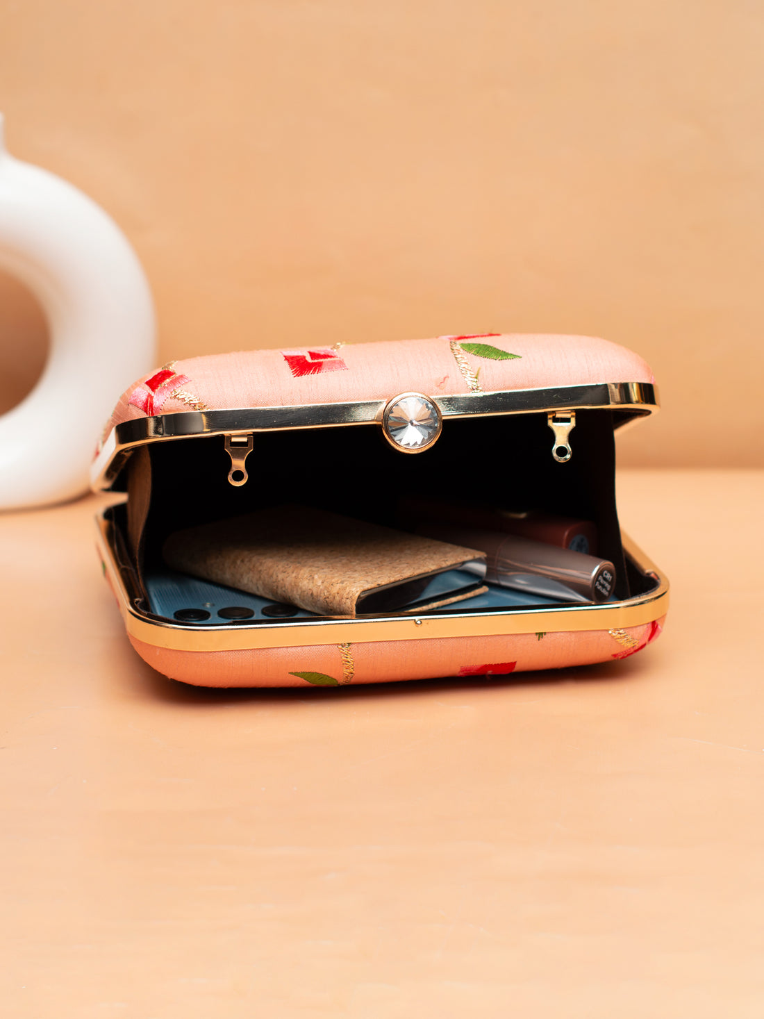 Artklim Peach Blossom – Floral Embroidered Silk Clutch