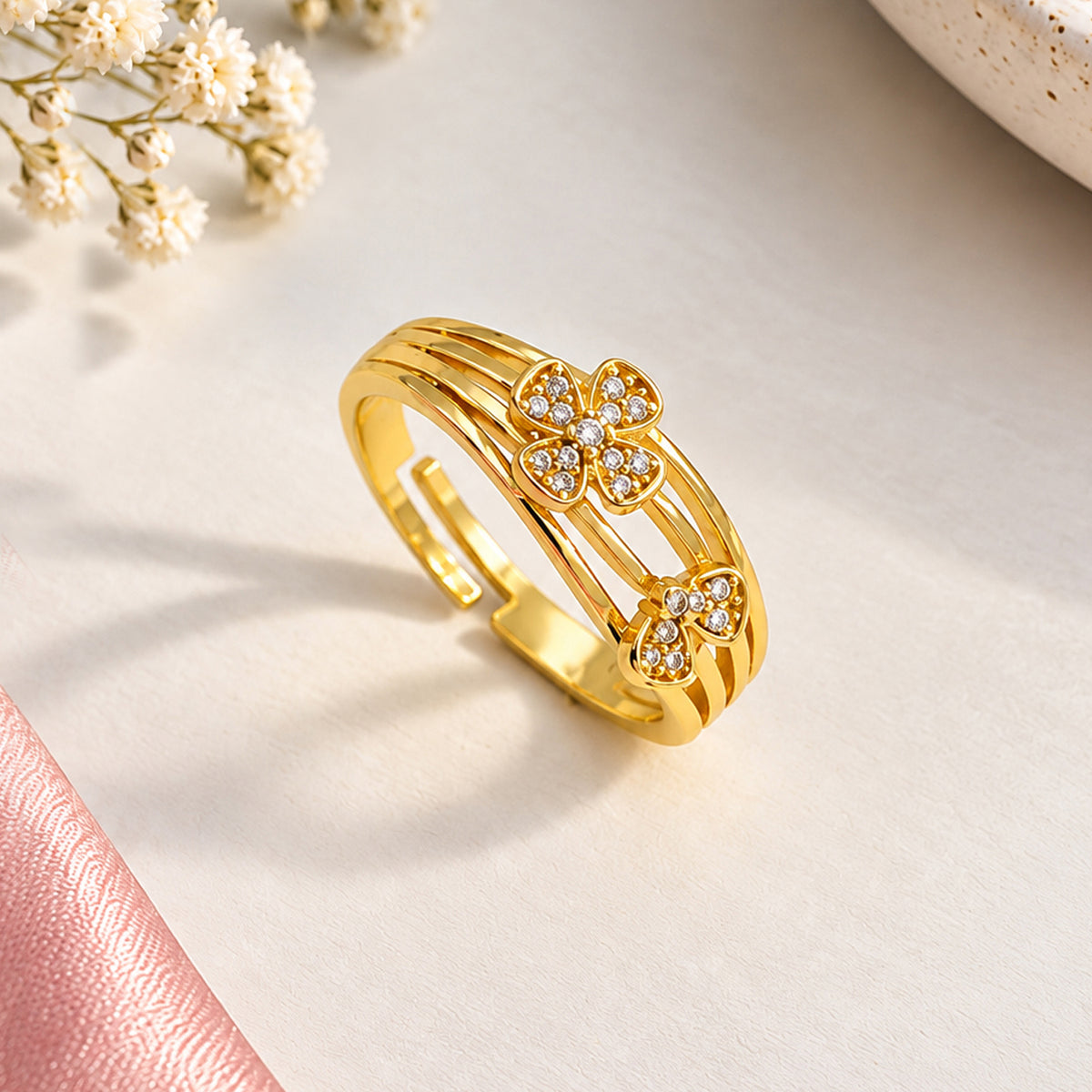 Artklim Delicate Double Flower Gold-Tone Anti-Tarnish Ring