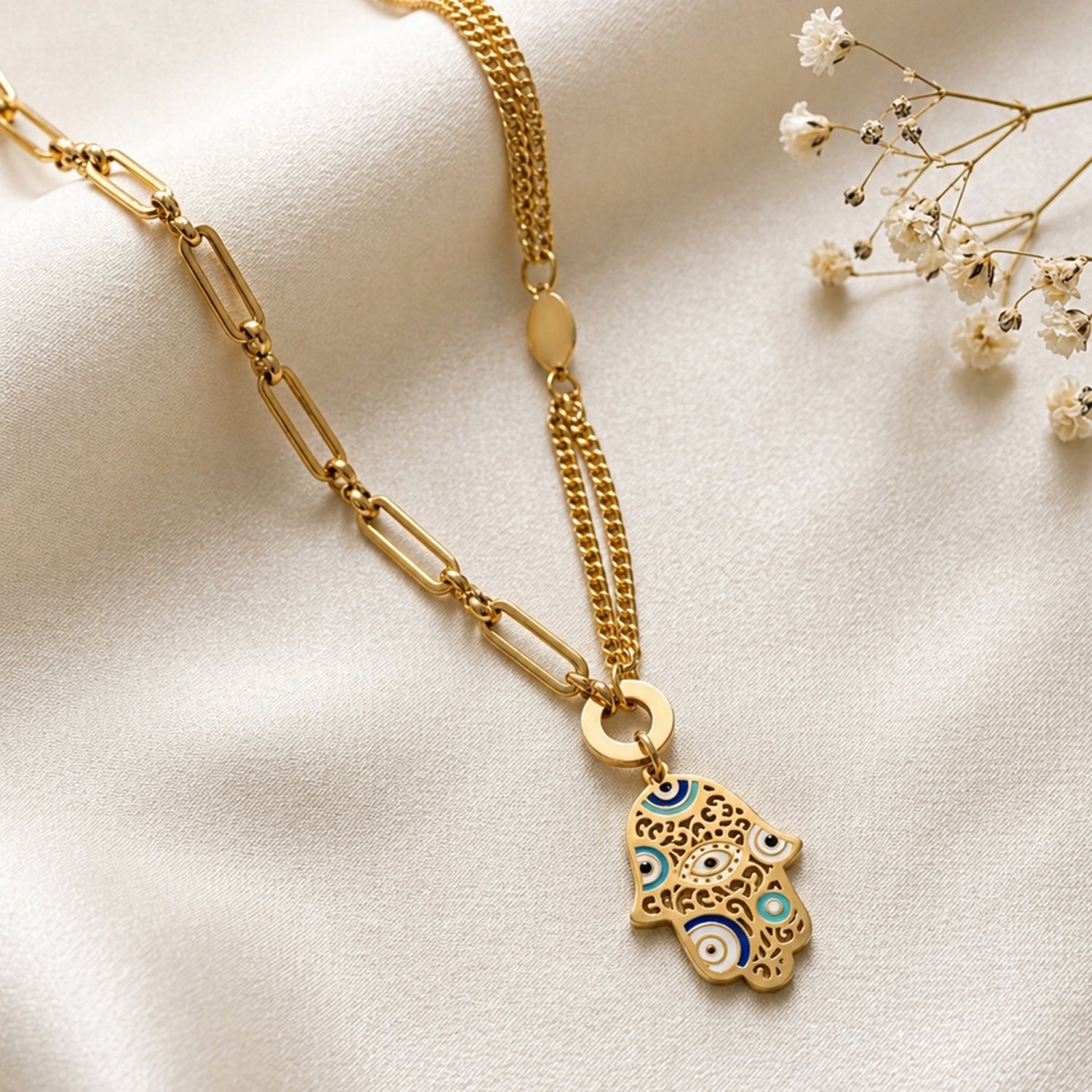 Artklim Hamsa Hand Evil Eye Gold Anti-tarnish necklace