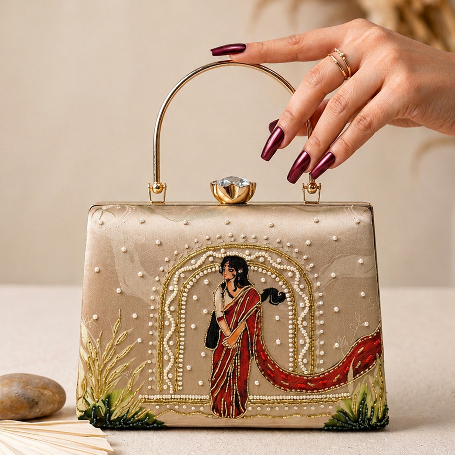 Artklim Beige Traditional Art Embroidered Clutch Bag
