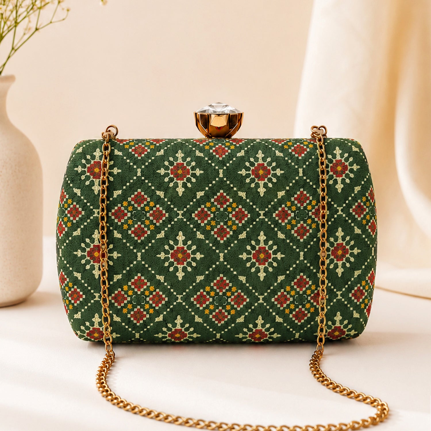 Artklim Olive Green Ethnic Floral Pattern Chain Strap Printed Clutch