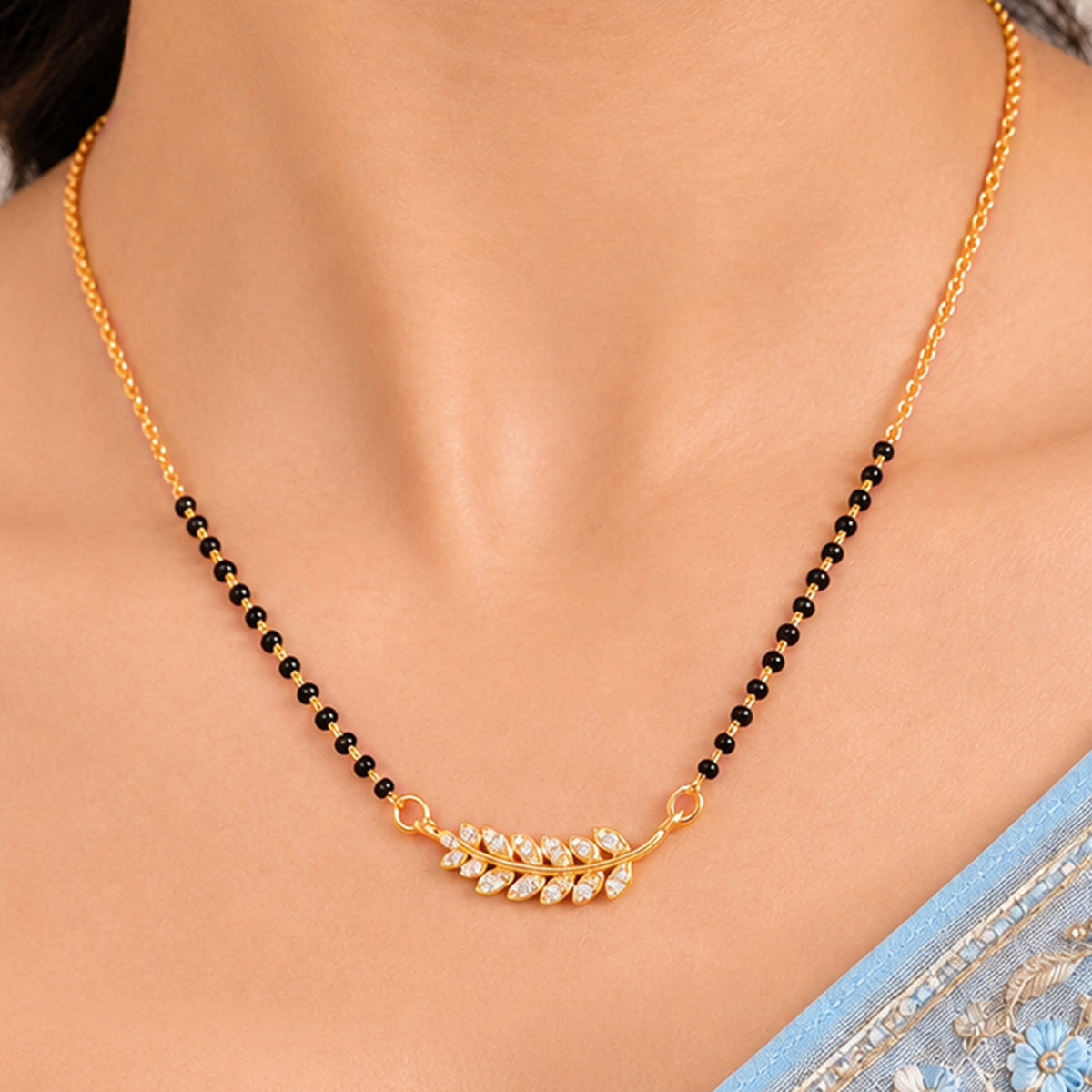 Artklim Elegant Gold-Plated Leaf Design Crystal Mangalsutra with Black Beads